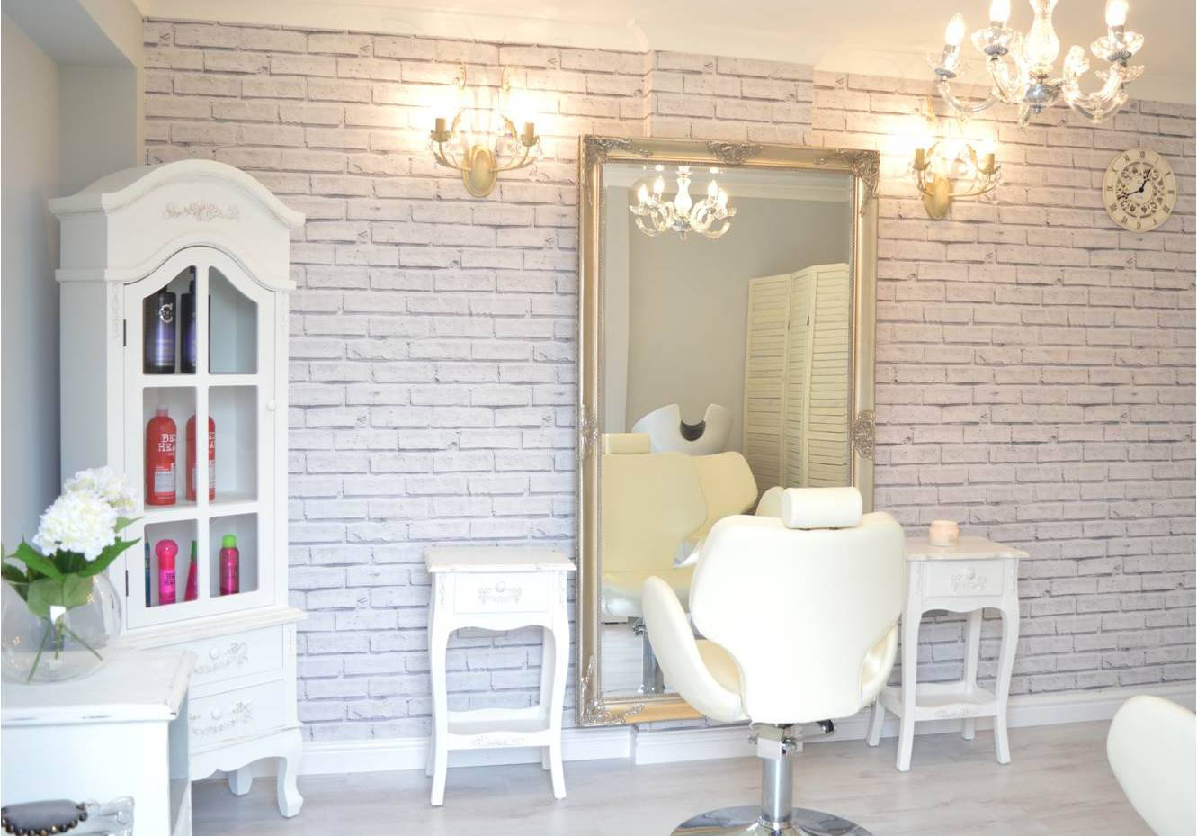 white brick walls, cream chair, ornate mirror, HD Desktop Wallpaper