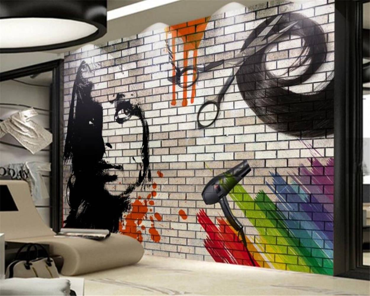 colorful hair salon wall interior, vibrant graffiti art, brick wall, SD Desktop Wallpaper