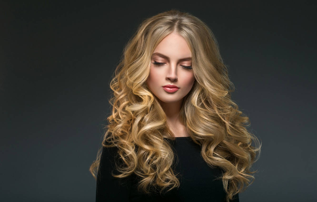 blonde woman, long golden curls, dark gray studio backdrop, HD Desktop Wallpaper