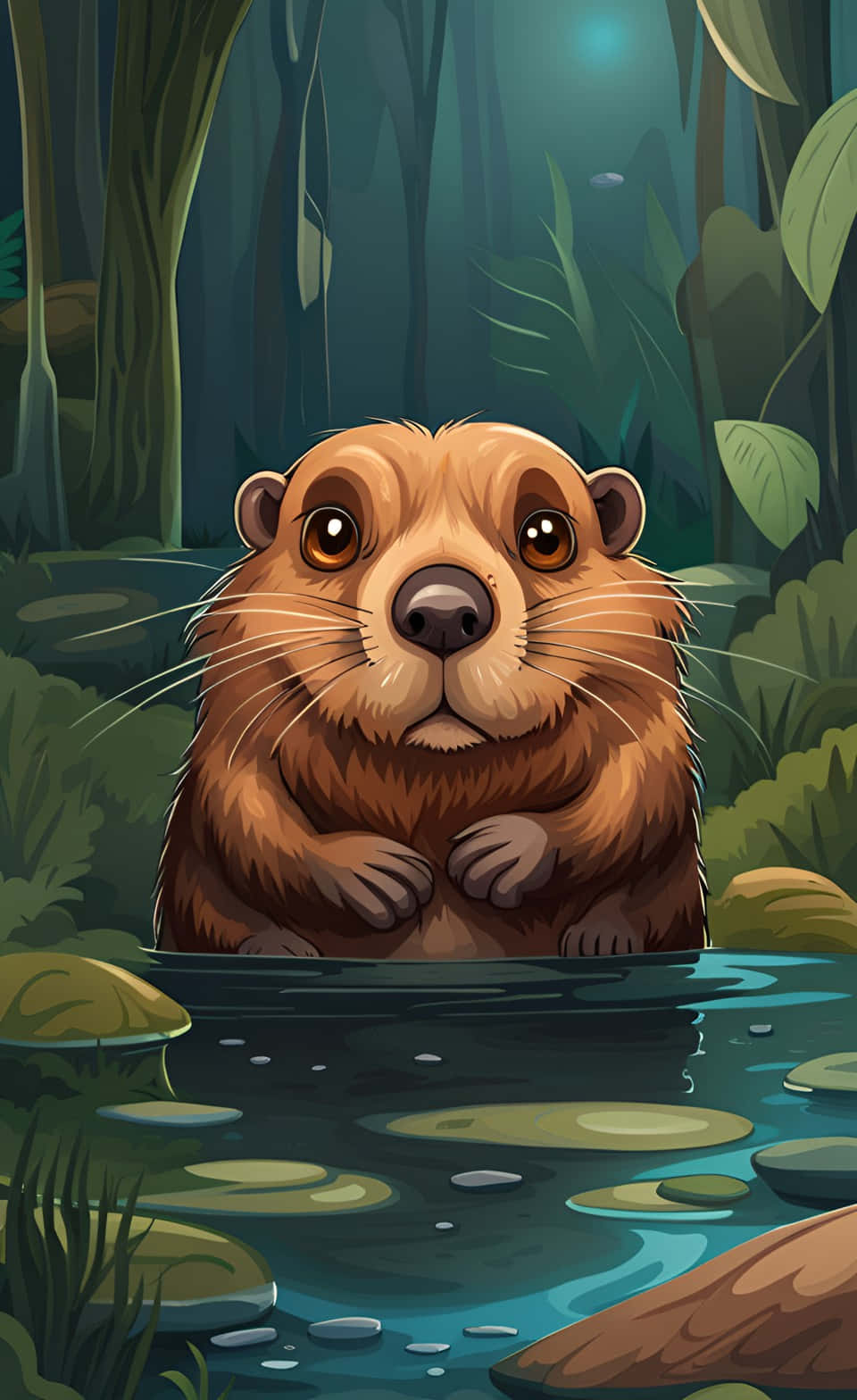 cute cartoon beaver, pond, lush green forest, HD Phone Wallpaper