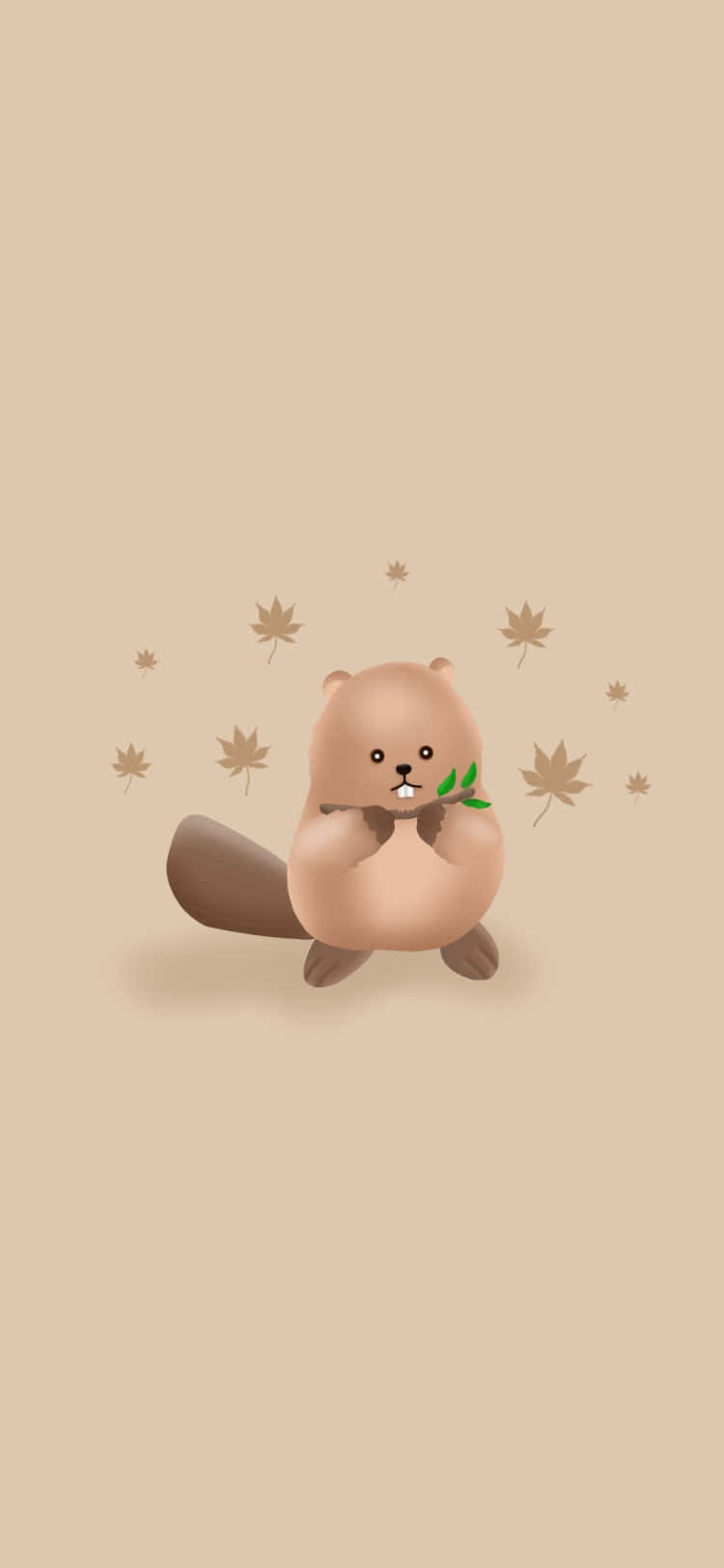 cute cartoon beaver, twig with green leaves, falling maple leaves, HD Phone Wallpaper