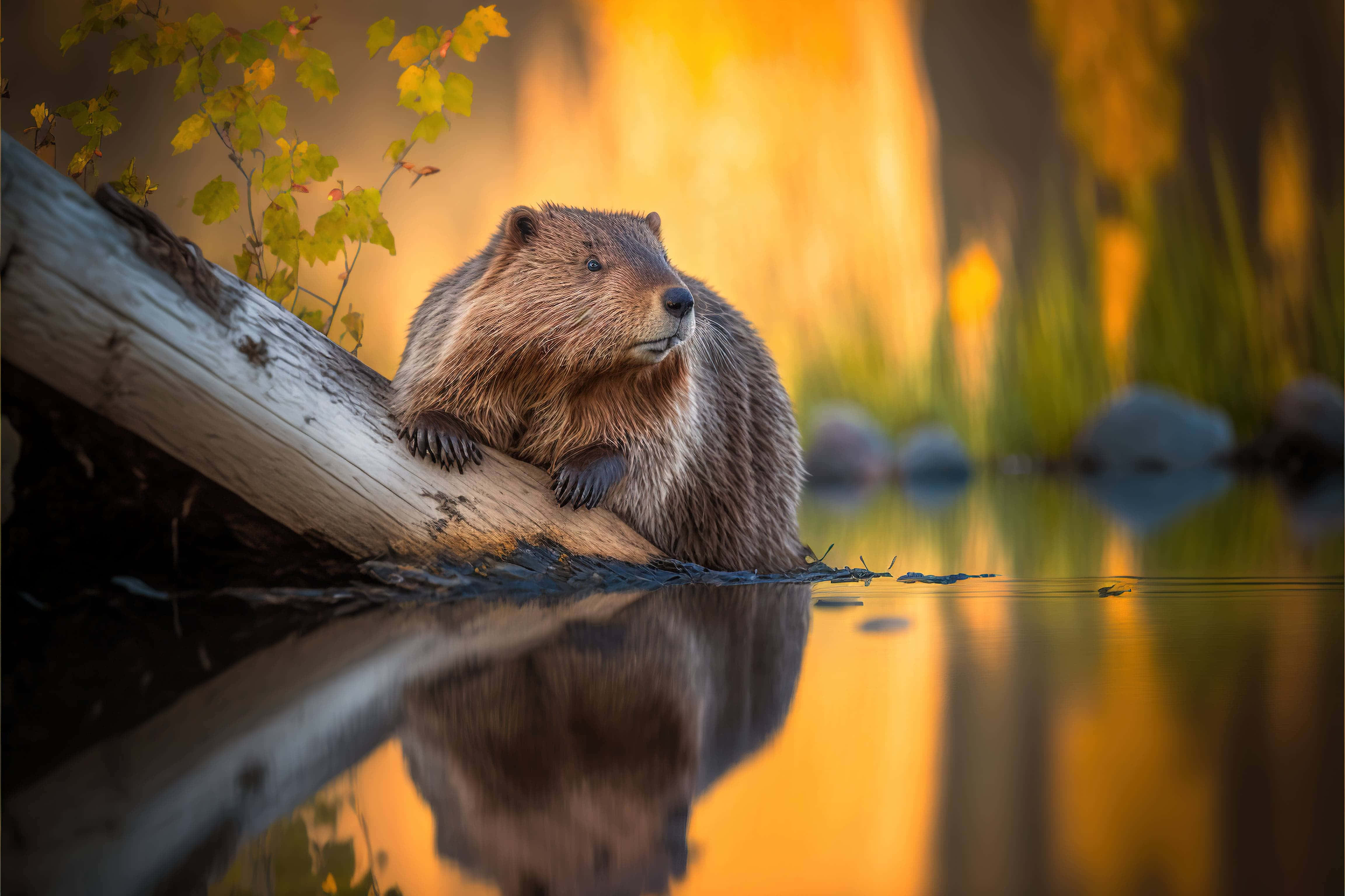 Beaver, sunset, water, 4K Desktop Wallpaper