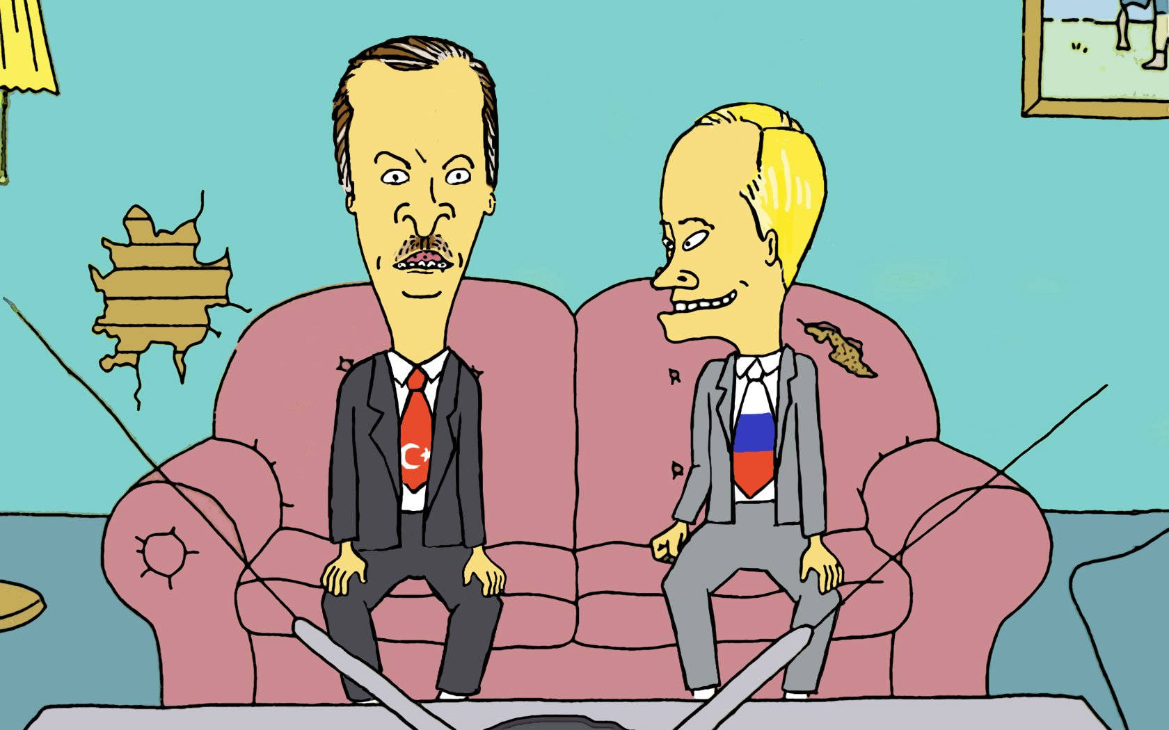 Beavis And Butt Head, pink couch, cracked wall, HD Desktop Wallpaper