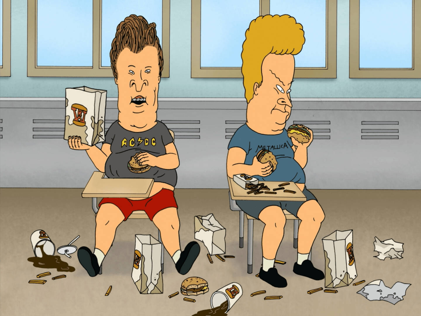 Beavis And Butt Head, cafeteria tables, trash, HD Desktop Wallpaper