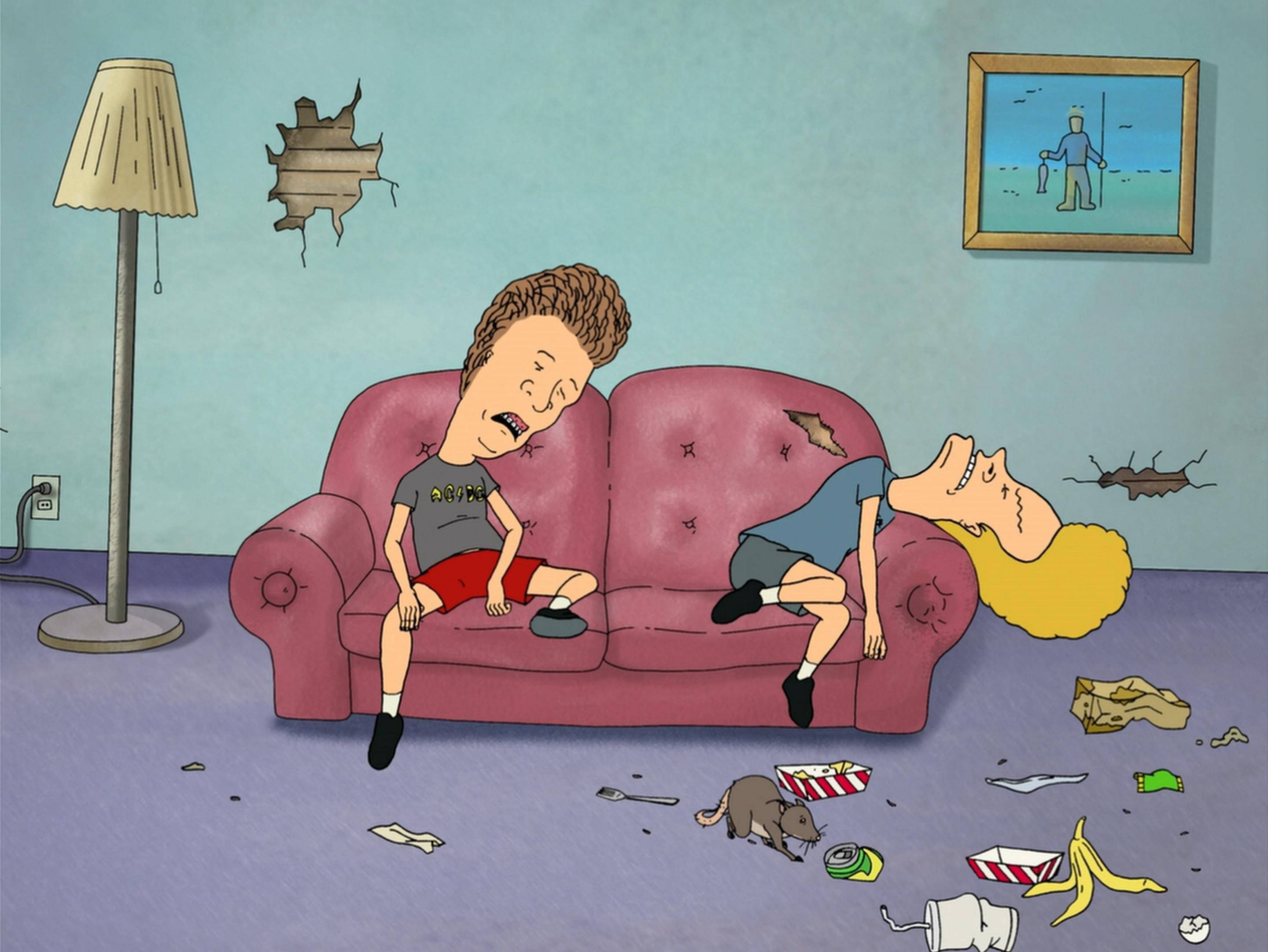 Beavis And Butt Head, torn pink couch, messy room, 2K Desktop Wallpaper