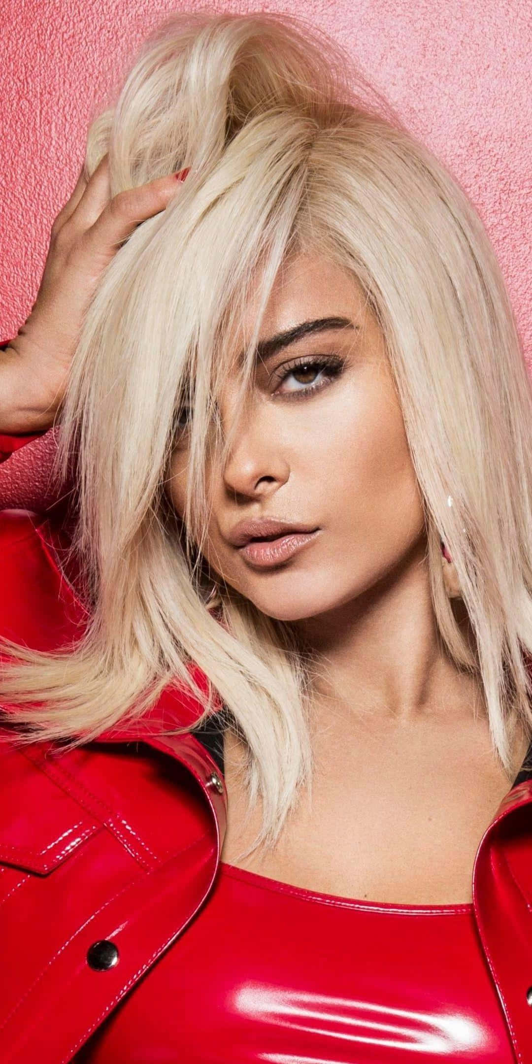 Bebe Rexha, shiny red outfit, textured pink wall, Full HD Phone Wallpaper