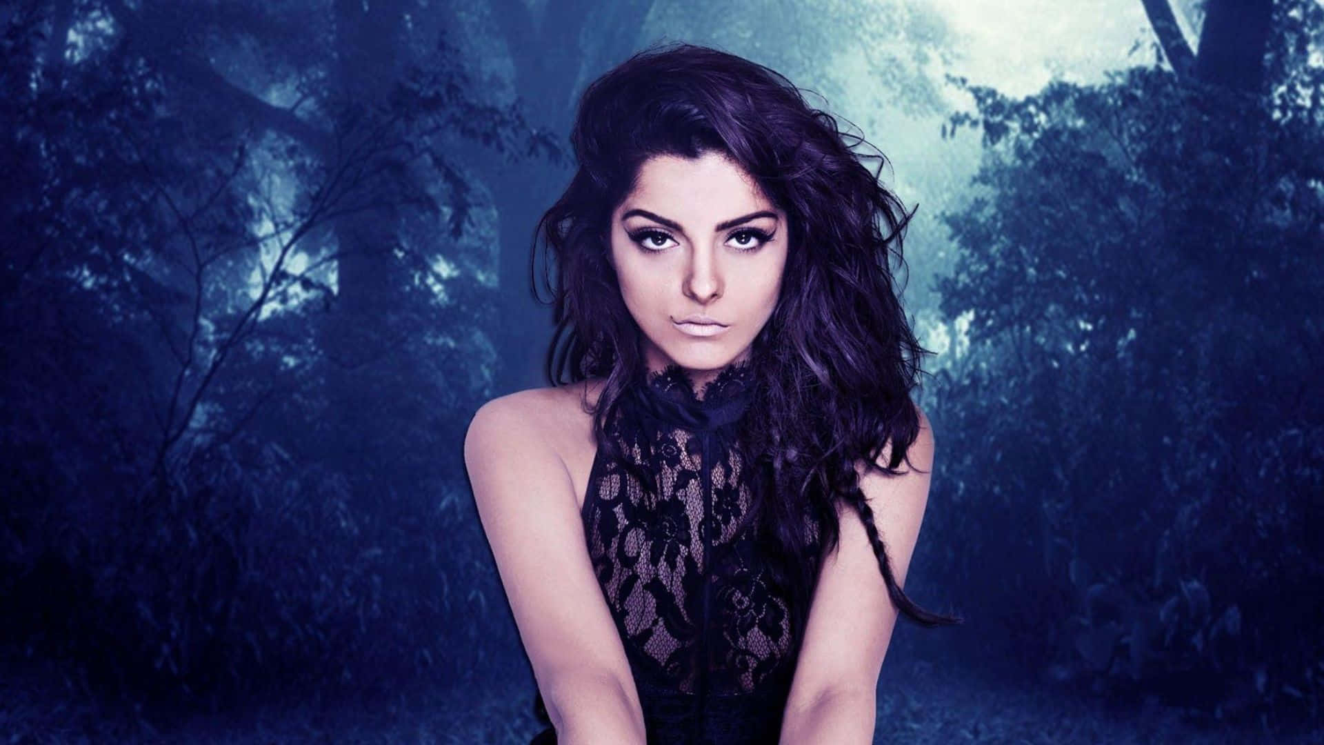 Bebe Rexha, black lace top, misty blue forest, Full HD Desktop Wallpaper