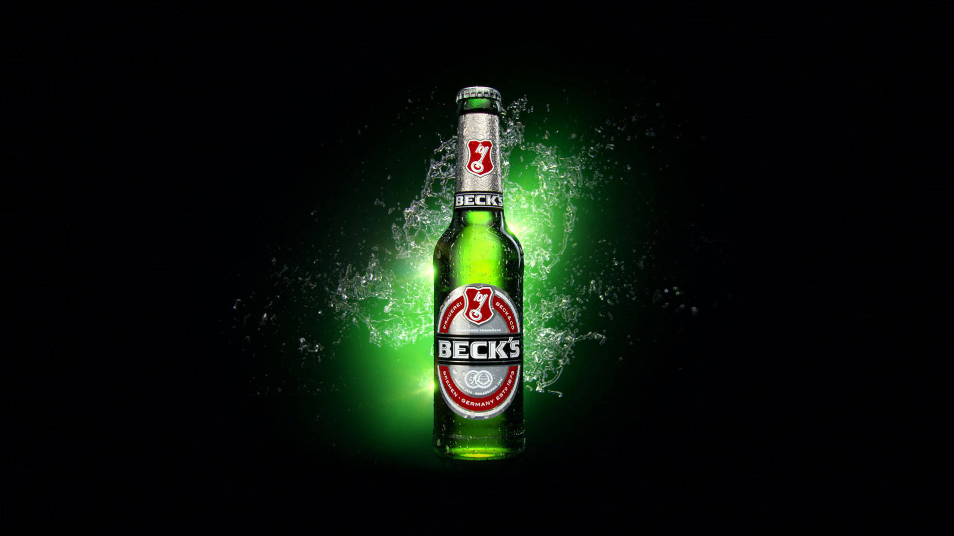 Becks, green Beck's beer bottle, glowing green water, Full HD Desktop Wallpaper