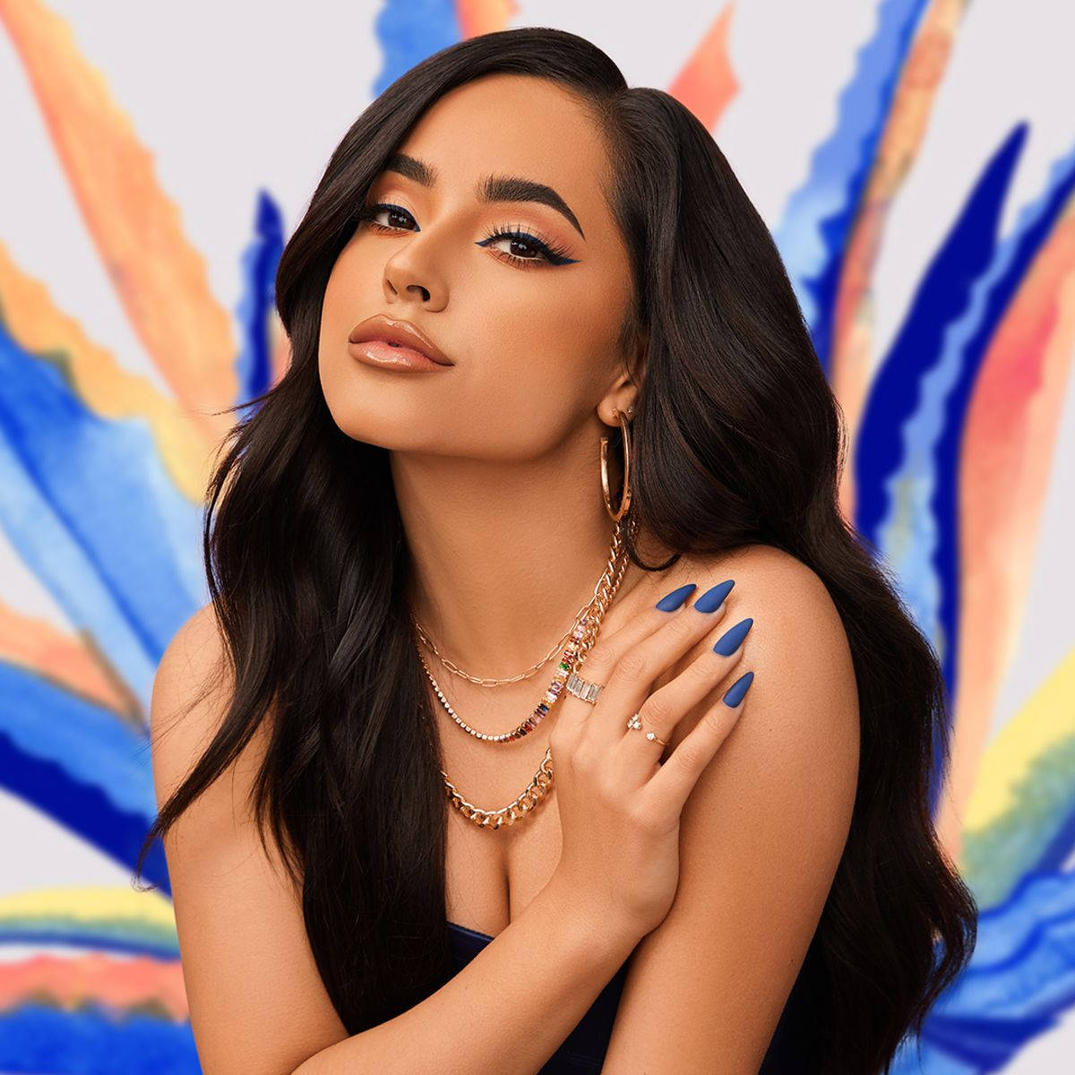 Becky G, Latina girl, blue orange and yellow brushstrokes, SD Desktop Wallpaper