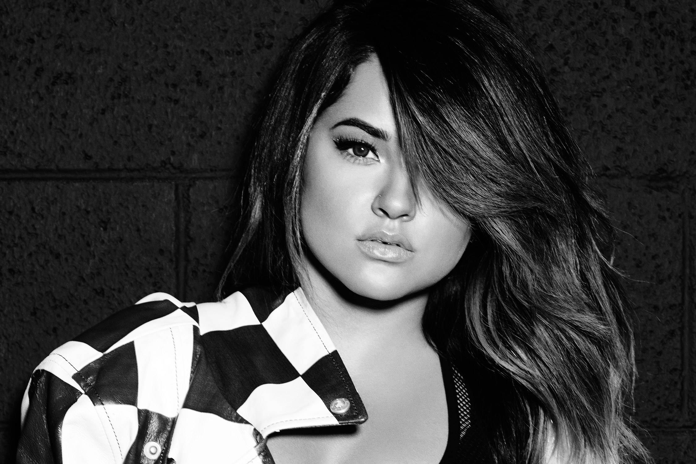 Becky G, black and white portrait, windswept hair, Full HD Desktop Wallpaper