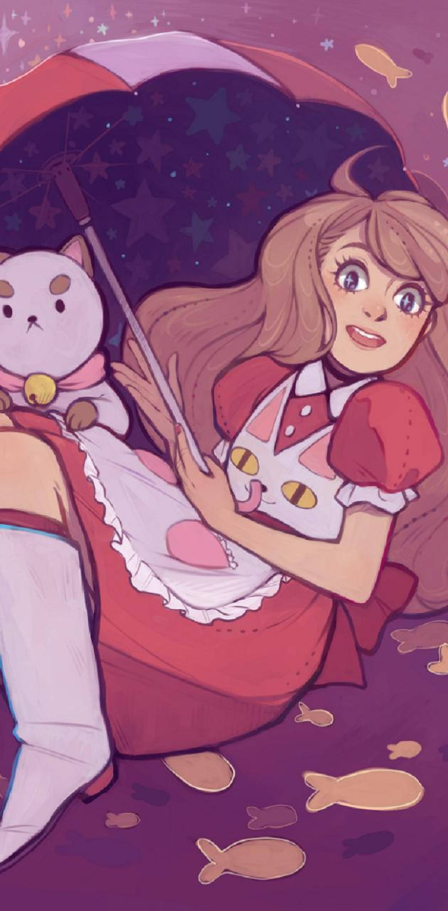 Bee and puppycat, red dress, white cat, HD Phone Wallpaper