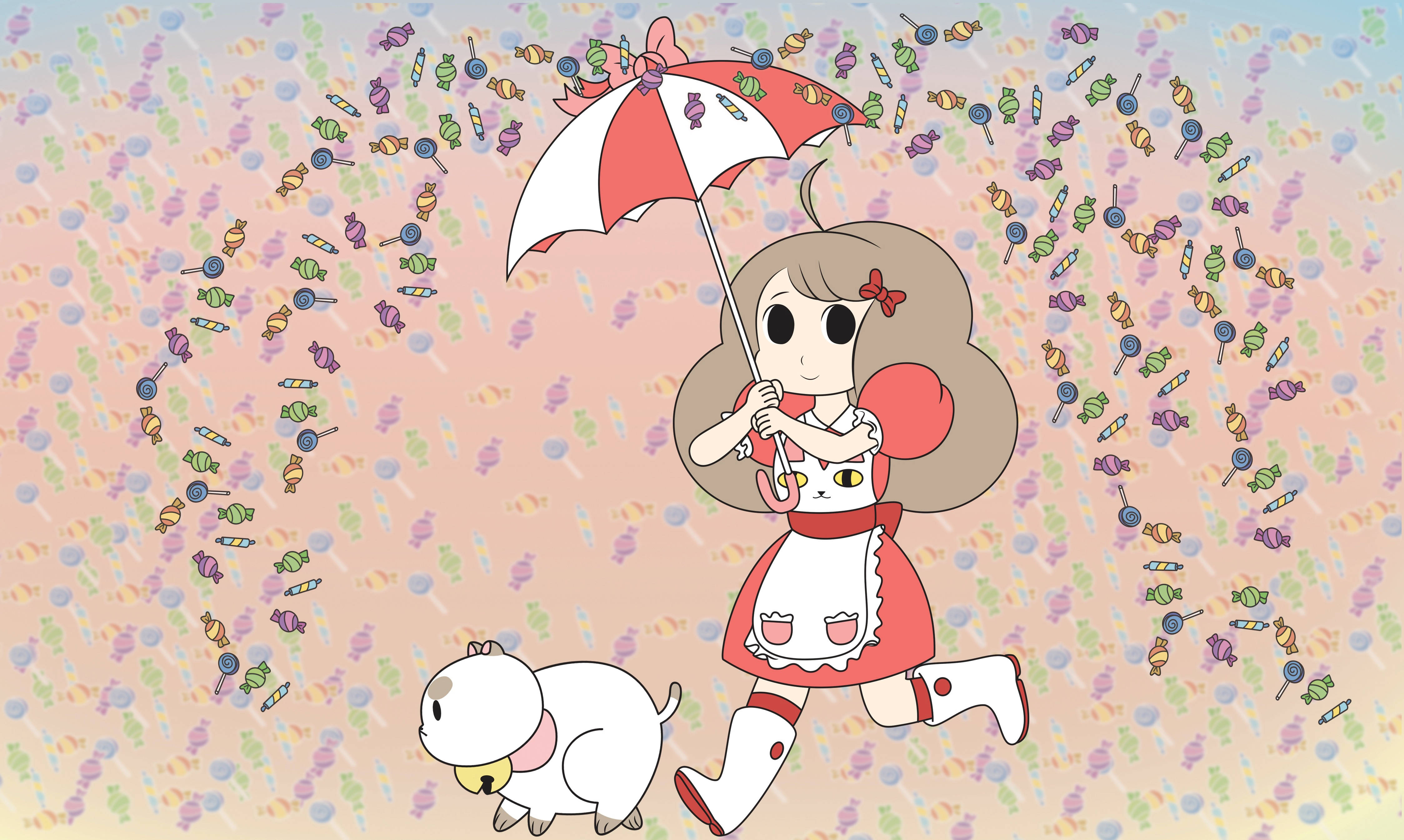Bee and puppycat, red dress, candy-themed umbrella, 4K Desktop Wallpaper