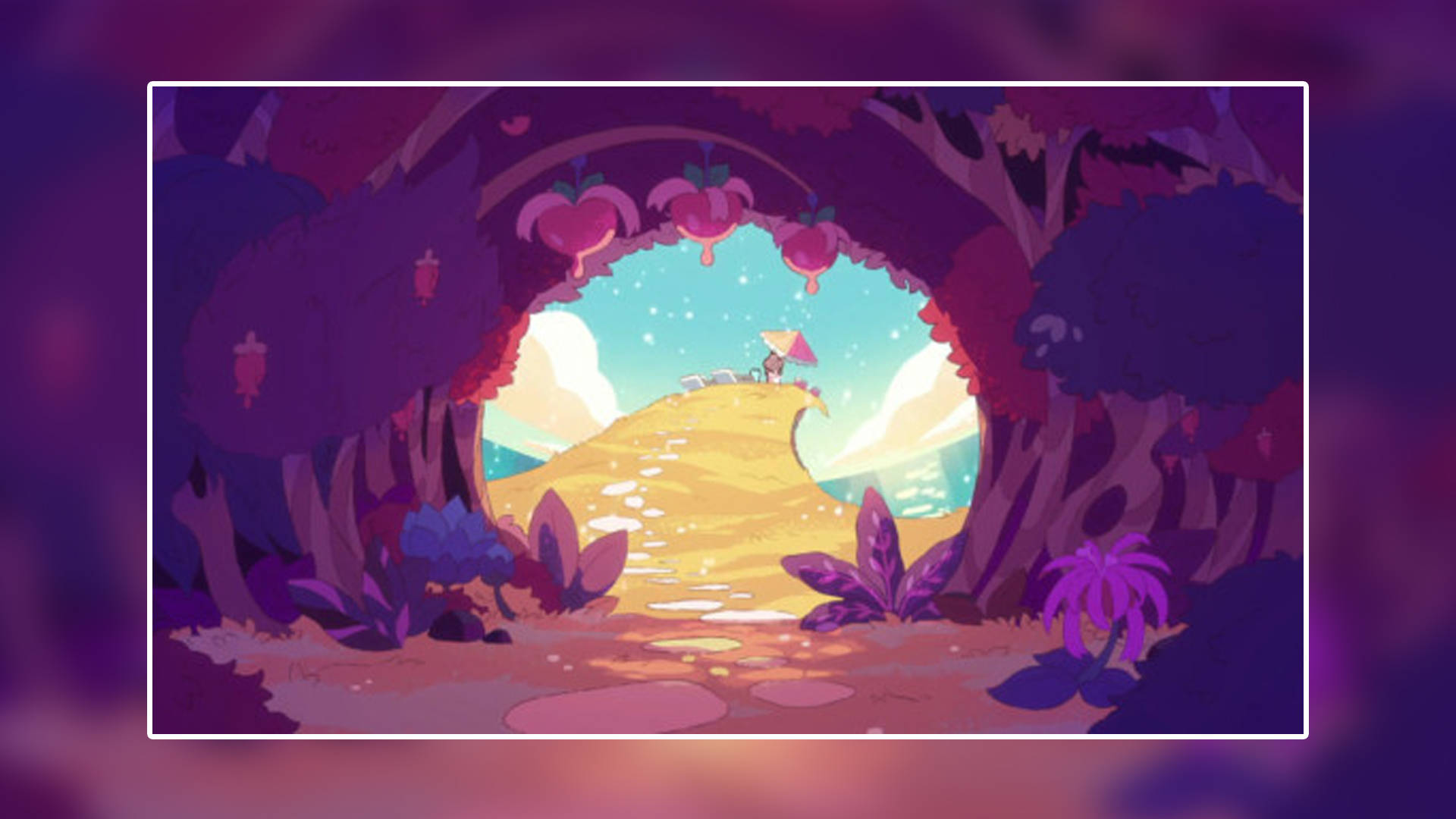 Bee and puppycat, purple forest archway, umbrella, Full HD Desktop Wallpaper