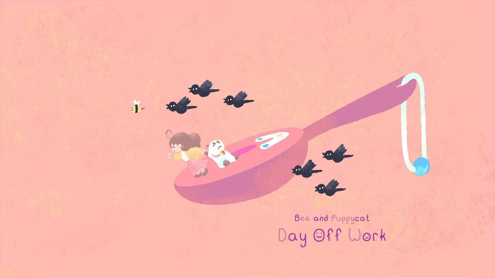 Bee and puppycat, giant pink spoon, black birds, Full HD Desktop Wallpaper