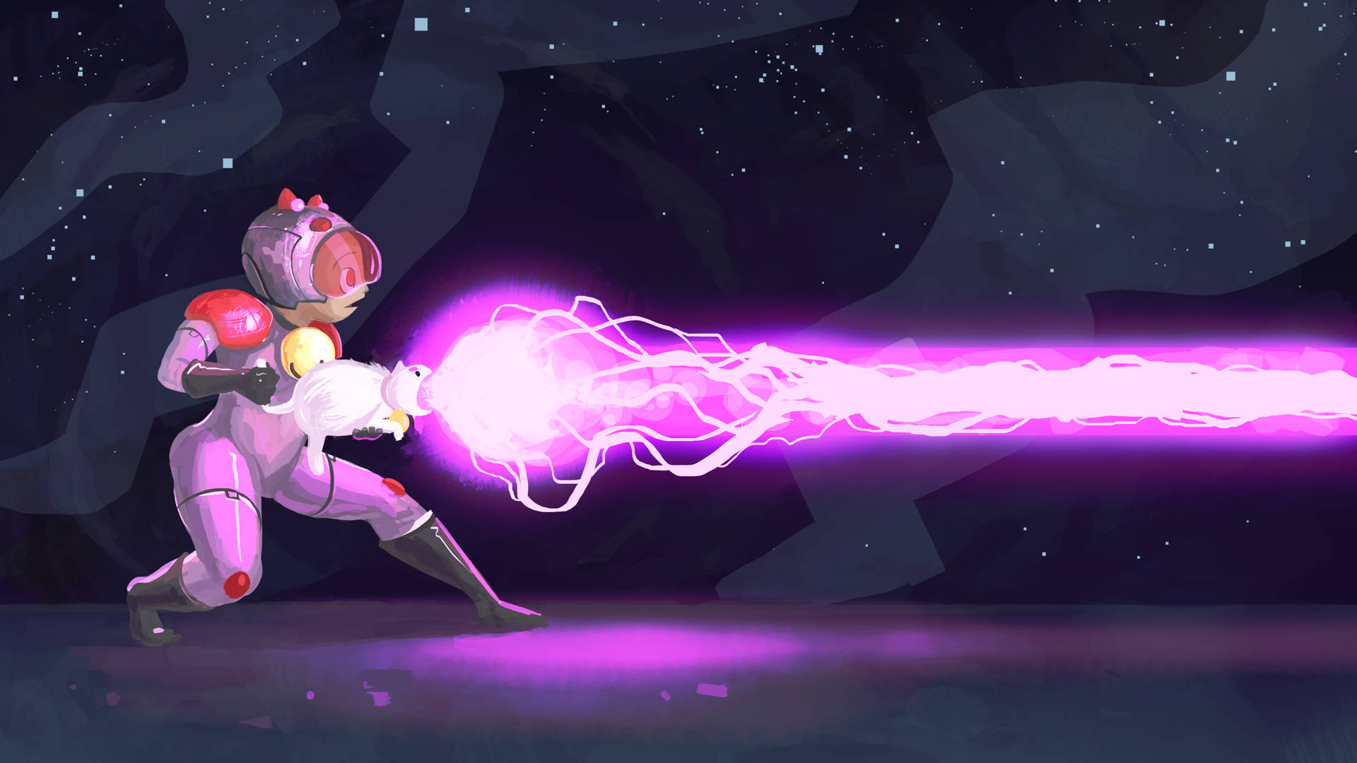 Bee and puppycat, pink armored character, vibrant purple energy blast, Full HD Desktop Wallpaper