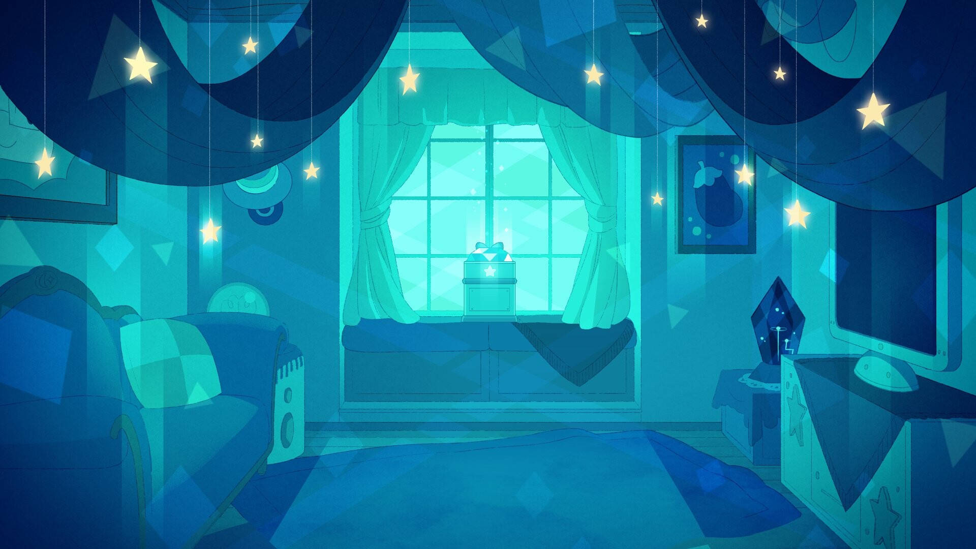Bee and puppycat, cool blue light, hanging stars curtains, Full HD Desktop Wallpaper