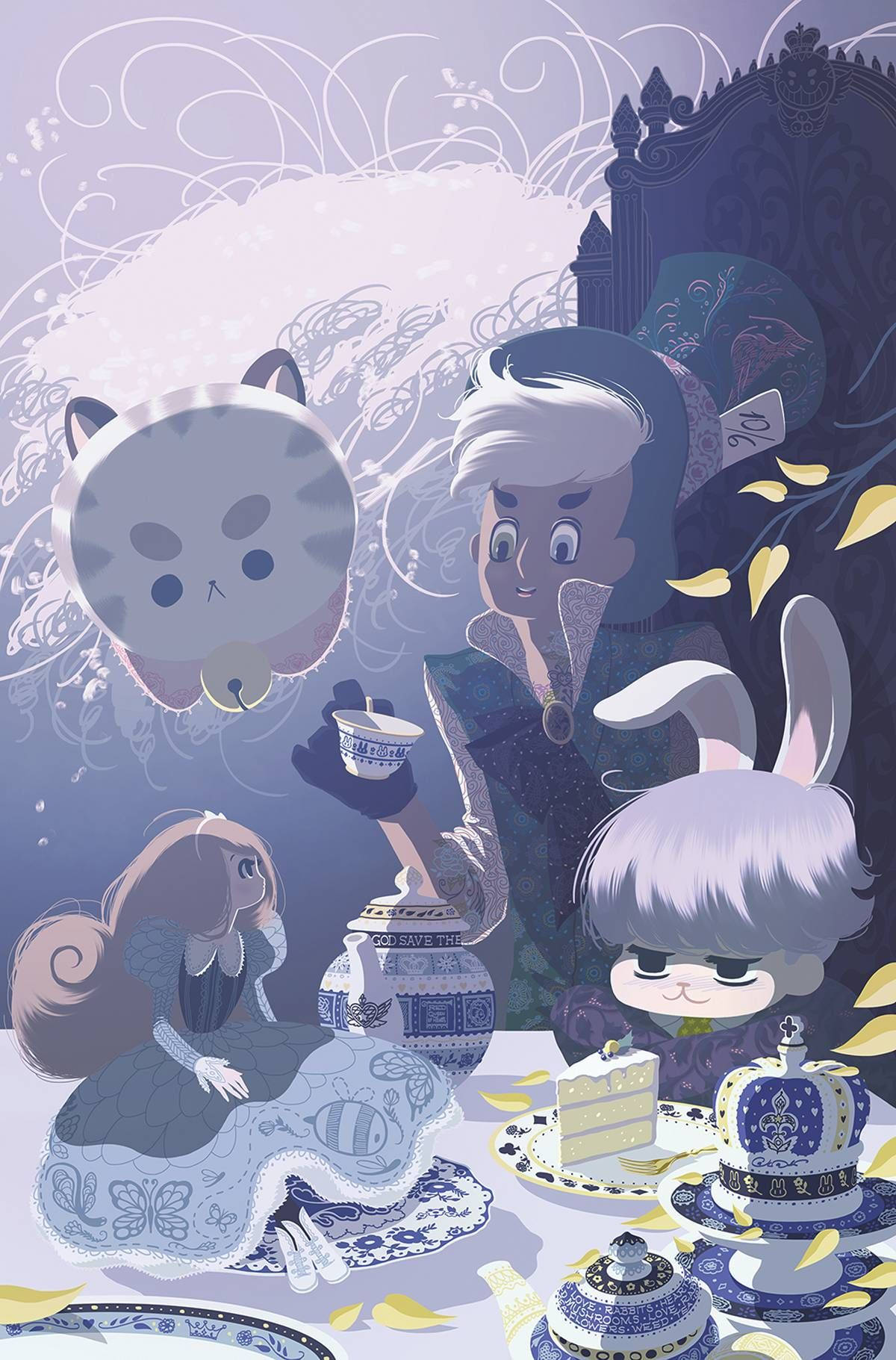 Bee and puppycat, Goth, blue and white porcelain table, HD Phone Wallpaper