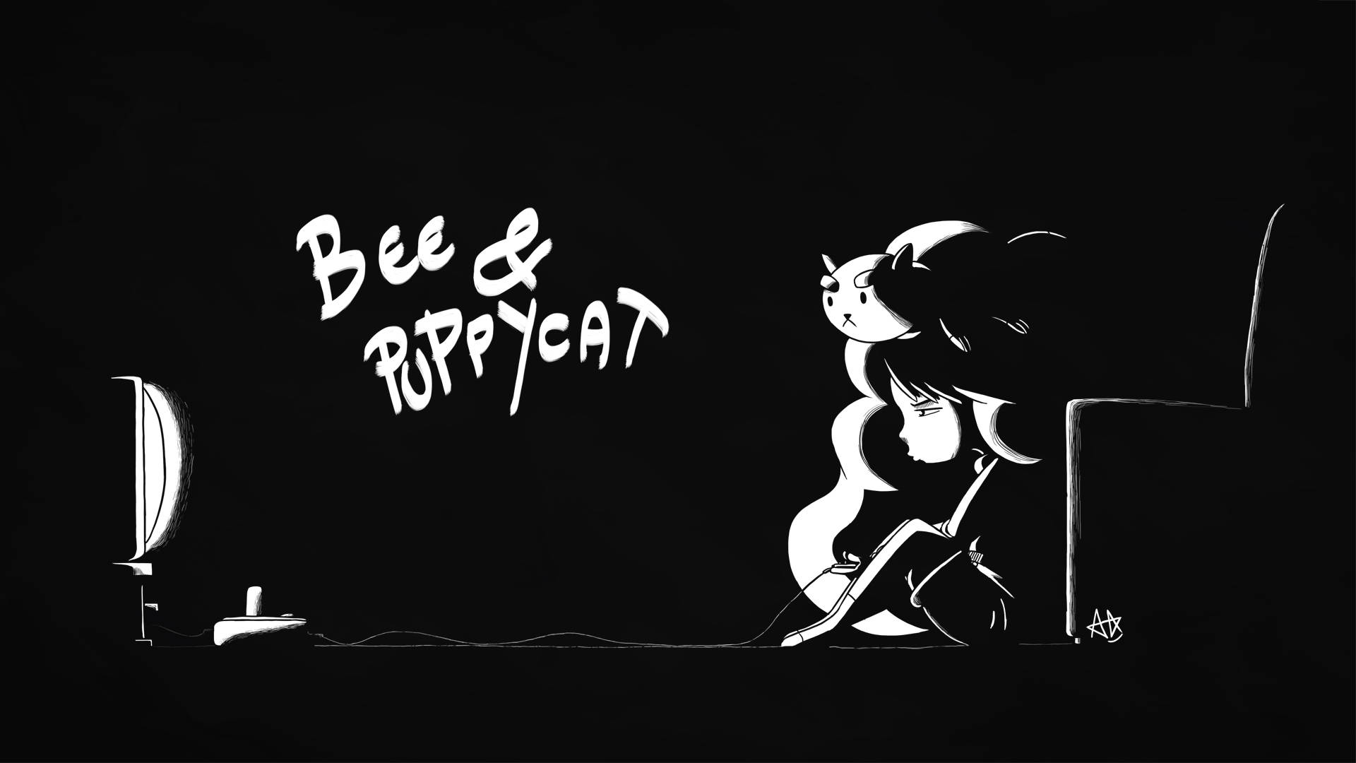 Bee and puppycat, black and white illustration, stylized characters, Full HD Desktop Wallpaper