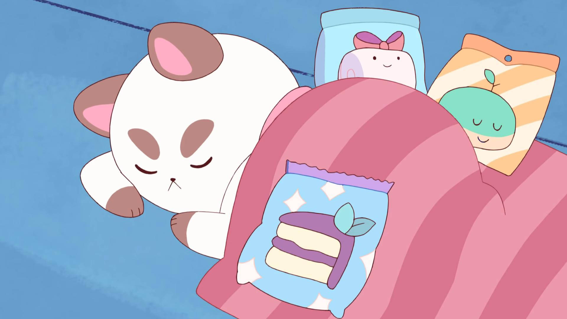 Bee and puppycat, white cartoon cat, pink blanket, Full HD Desktop Wallpaper