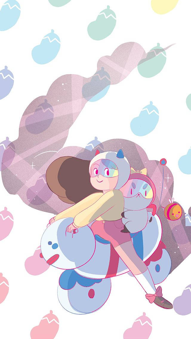 Bee and puppycat, anime-style characters, whimsical cloud-like creature, SD Phone Wallpaper