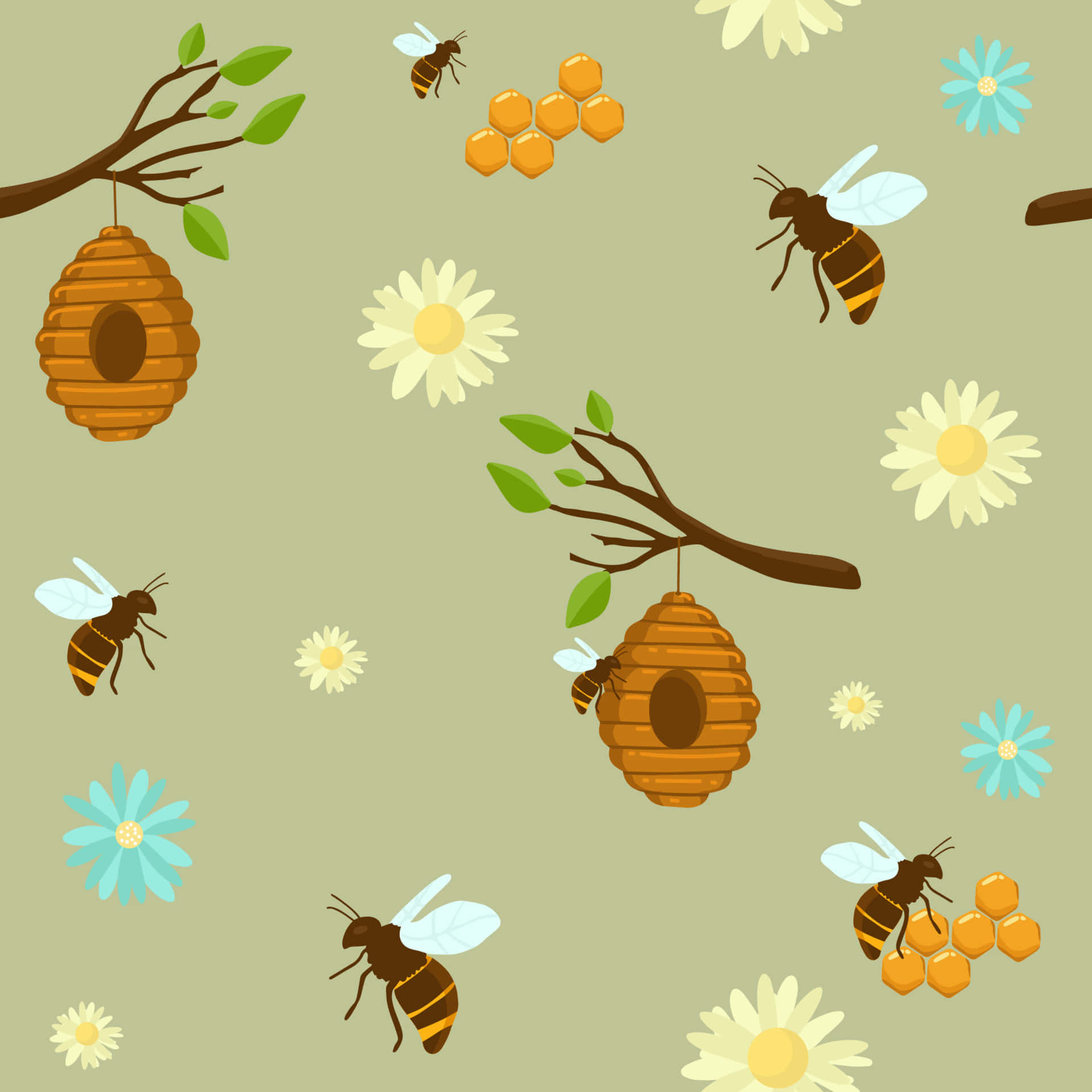 vintage bee, cartoon bees, hanging hives, Full HD Desktop Wallpaper