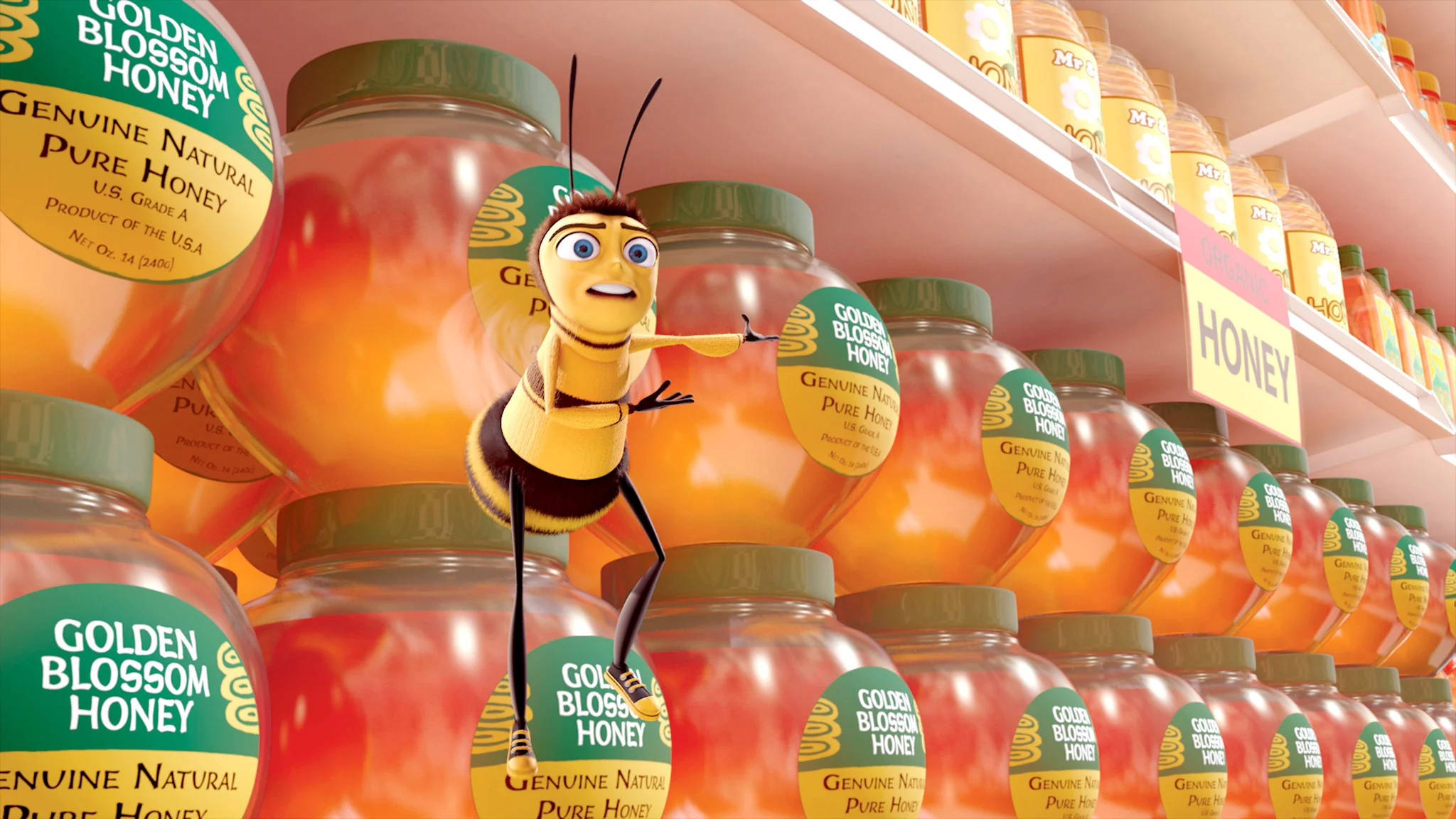 Bee Movie, honey aisle, golden honey jars, Full HD Desktop Wallpaper