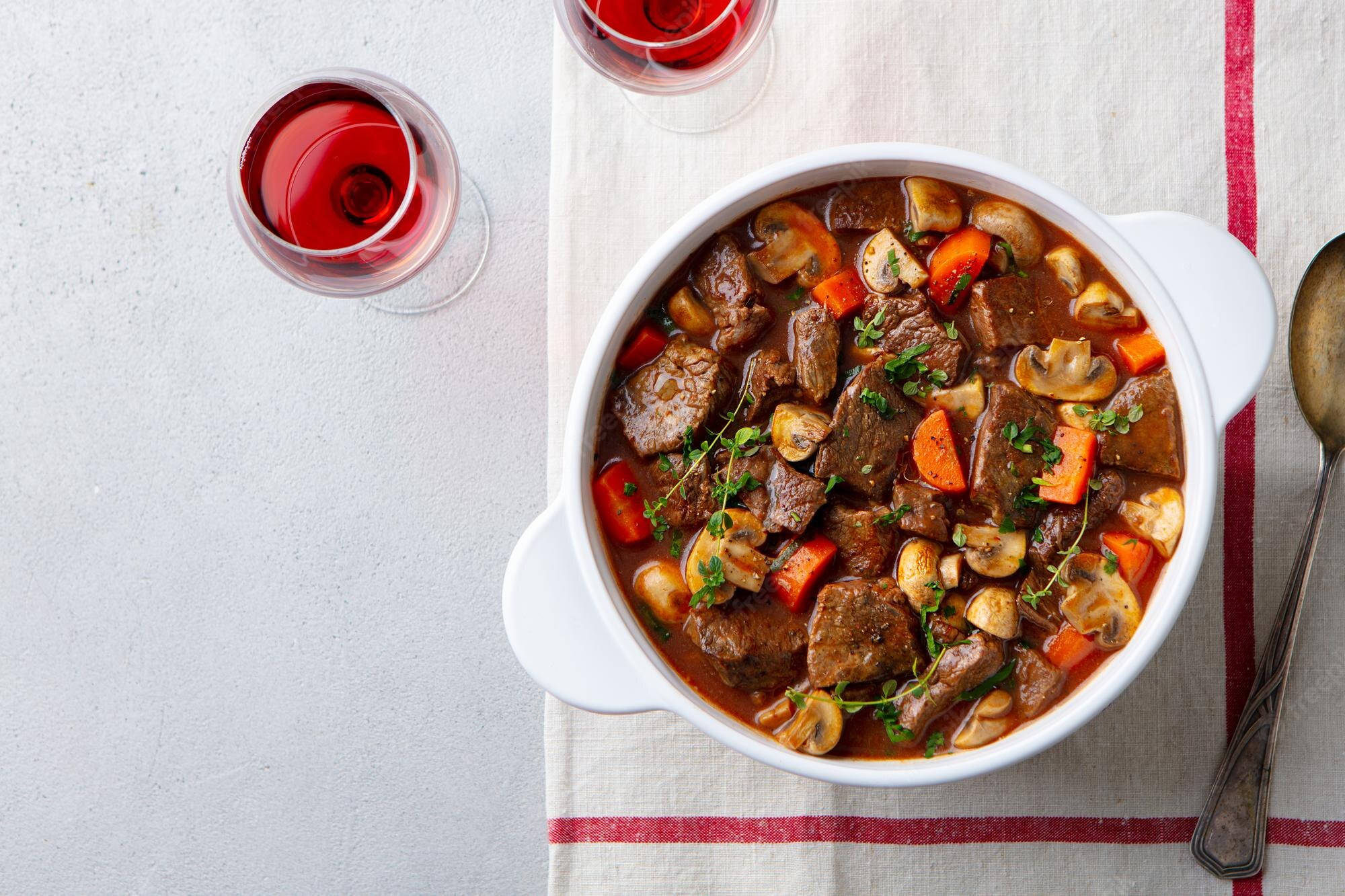 Beef Bourguignon, red wine, white bowl, Full HD Desktop Wallpaper