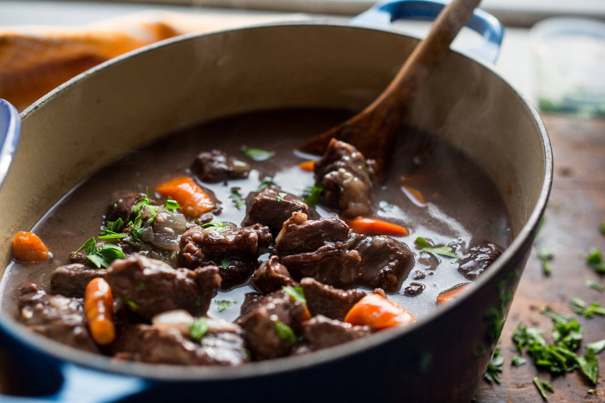 Beef Bourguignon, steaming pot, rich beef stew, Full HD Desktop Wallpaper
