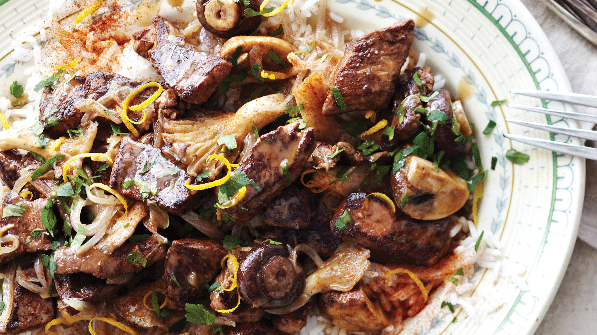 Beef Stroganoff, rice, mushrooms, Full HD Desktop Wallpaper
