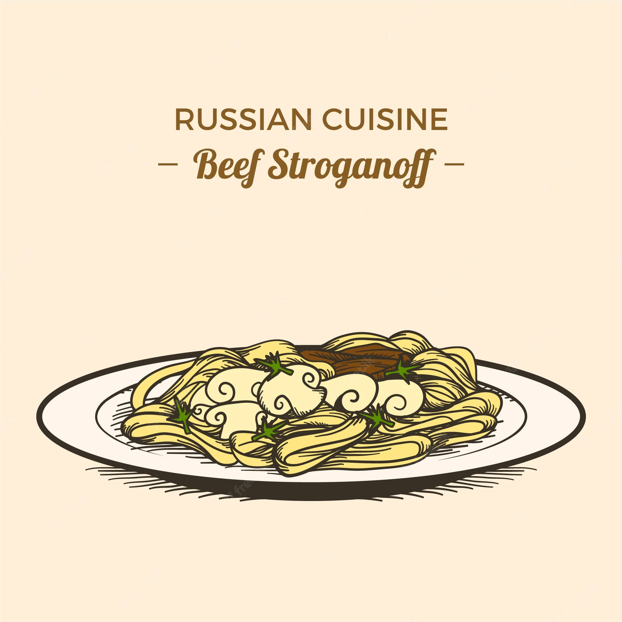 Beef Stroganoff, vintage-style illustration, white plate, Full HD Desktop Wallpaper