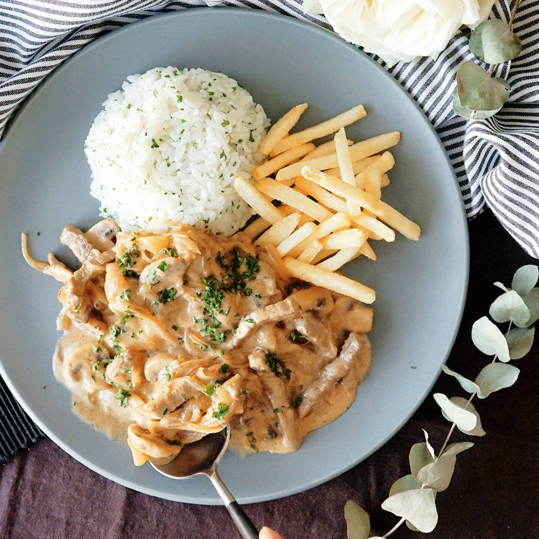 Beef Stroganoff, fries, rice, SD Desktop Wallpaper