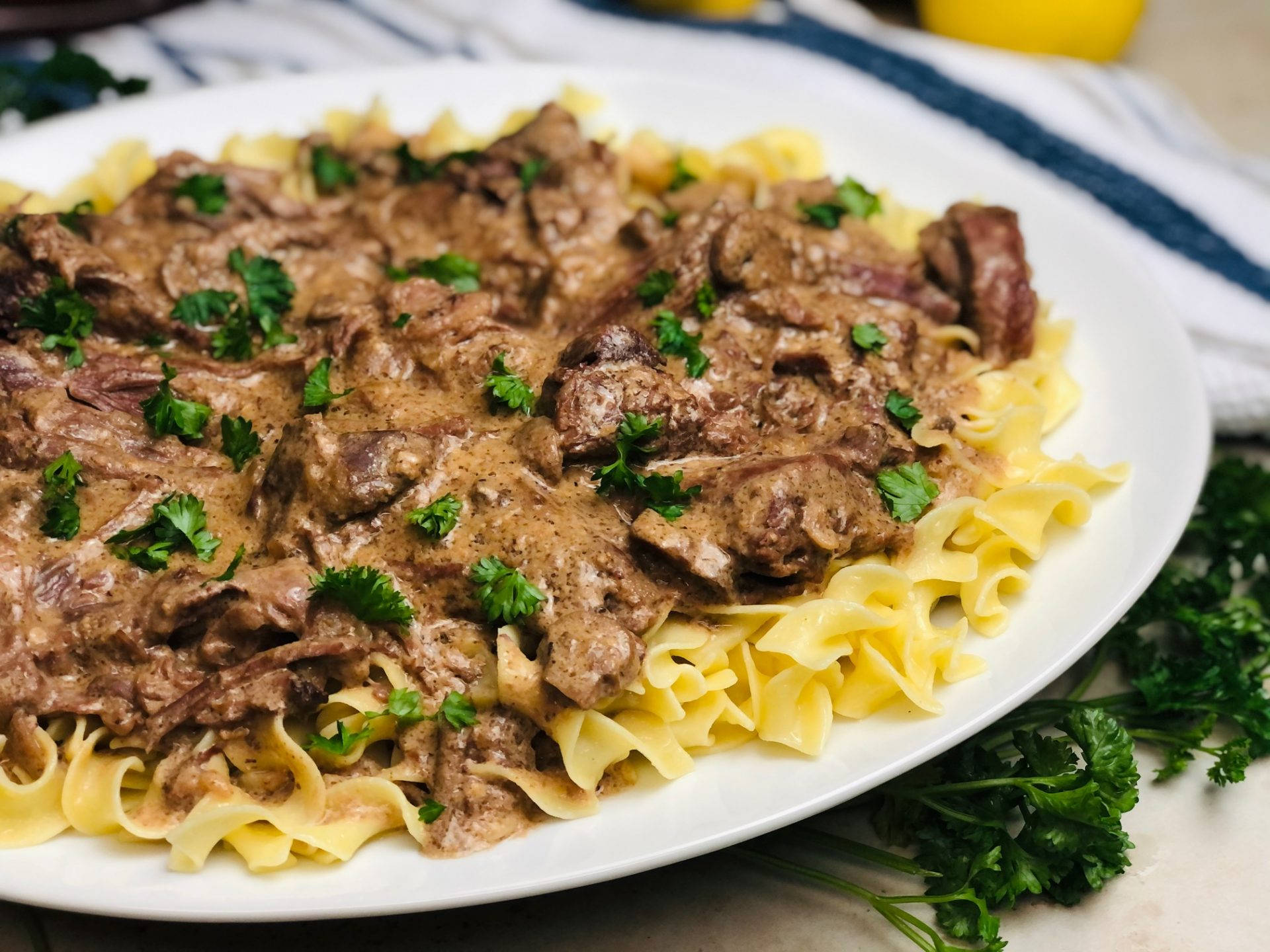 Beef Stroganoff, Reginette pasta, fresh parsley, Full HD Desktop Wallpaper