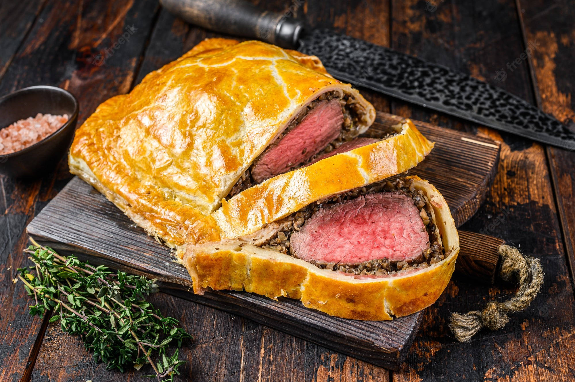 Beef Wellington, chopping board, rustic wooden board, Full HD Desktop Wallpaper