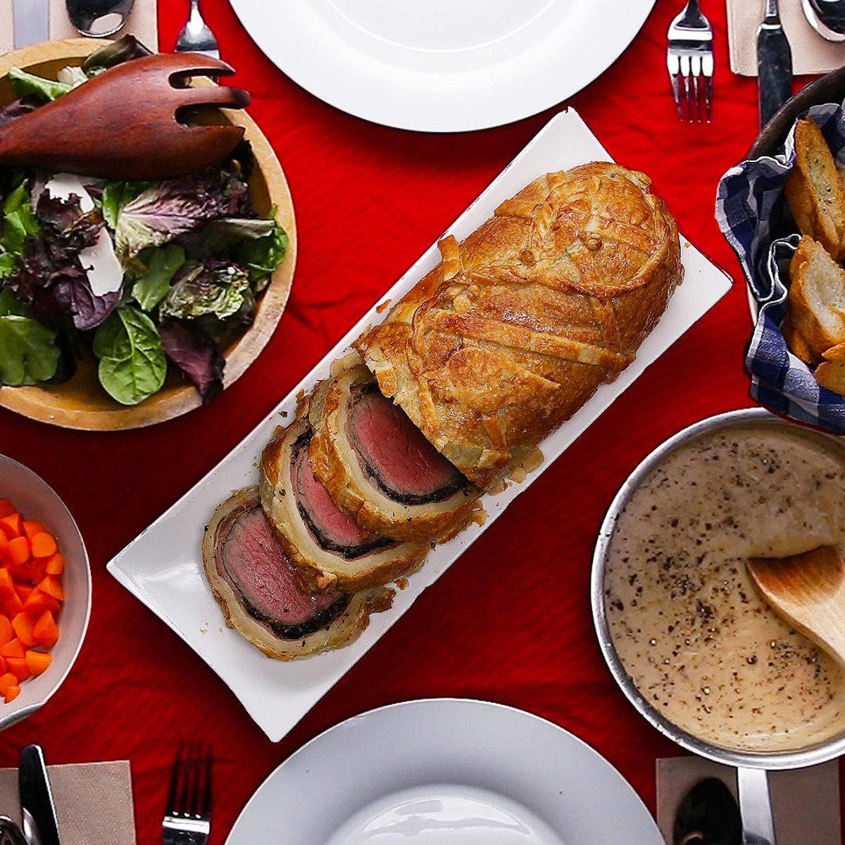 Beef Wellington, salad carrots sauce, white platter, SD Desktop Wallpaper