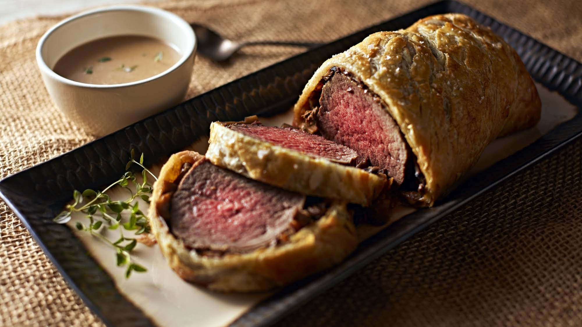 Beef Wellington, golden crust, rare center, Full HD Desktop Wallpaper