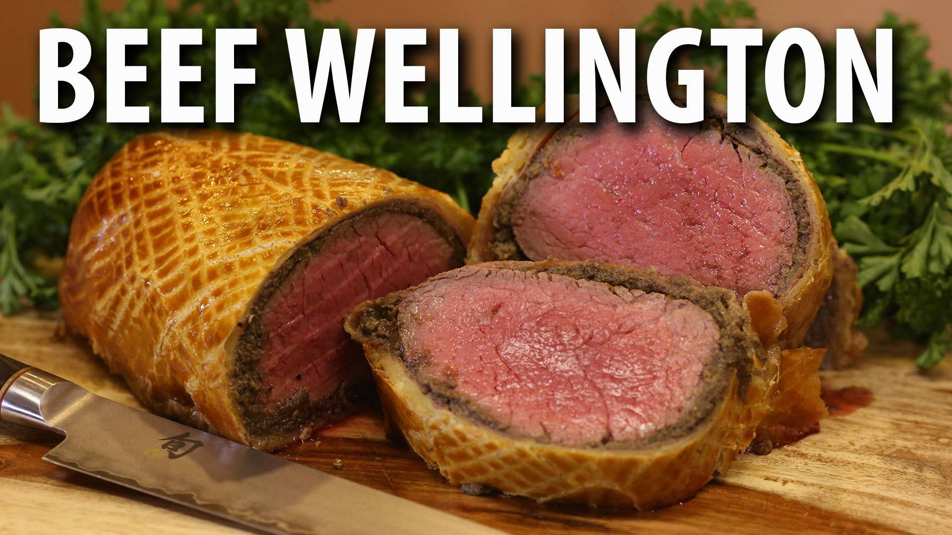 Beef Wellington, golden pastry crust, juicy pink center, Full HD Desktop Wallpaper
