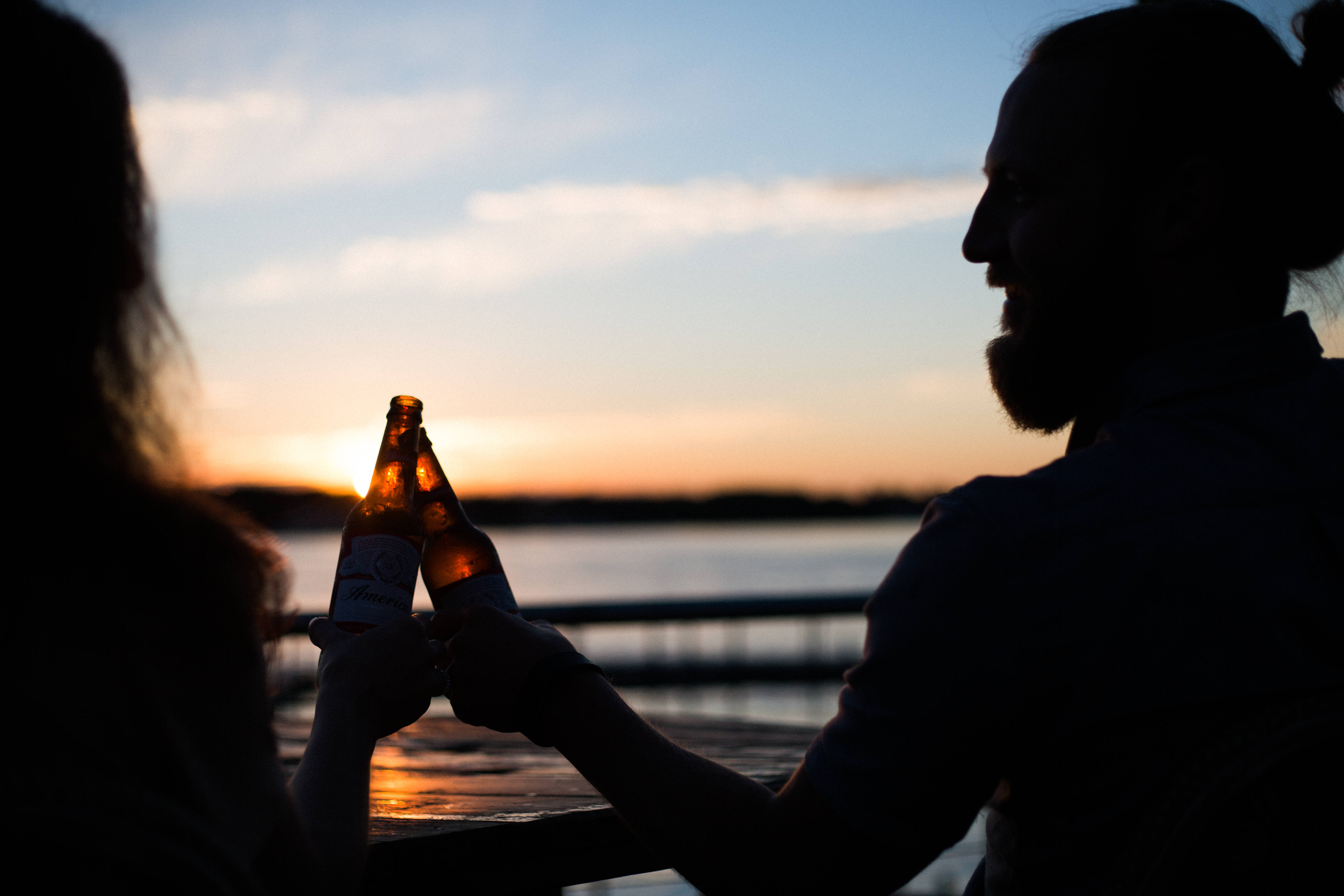 silhouette, beer bottles, sunset, 5K Desktop Wallpaper