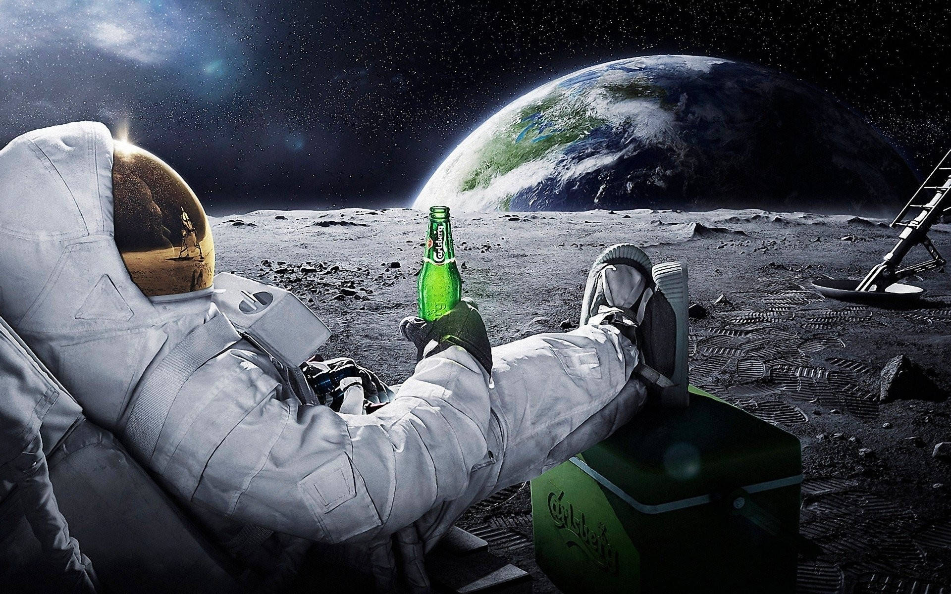 astronaut, moon, green beer bottle, Full HD Desktop Wallpaper