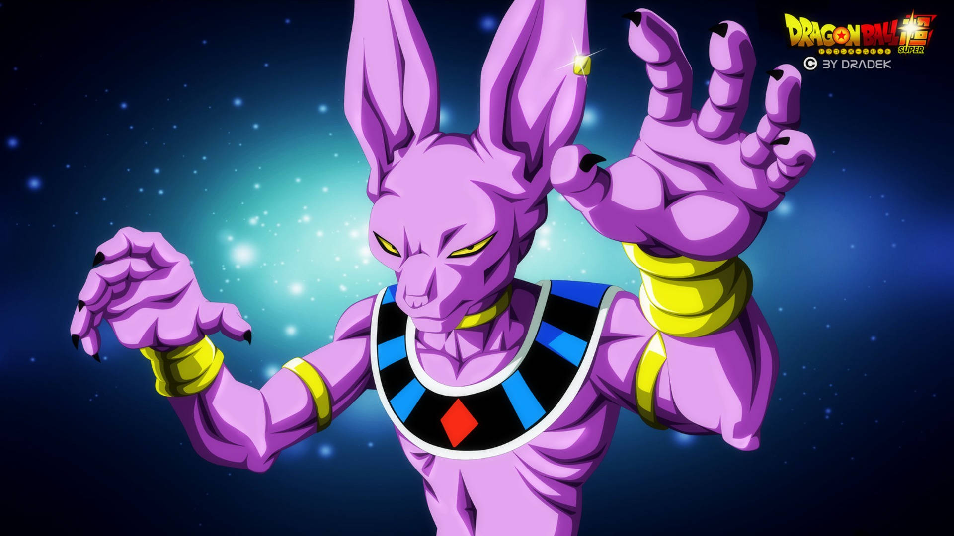 Beerus, purple rabbit-like anime character, yellow eyes, Full HD Desktop Wallpaper