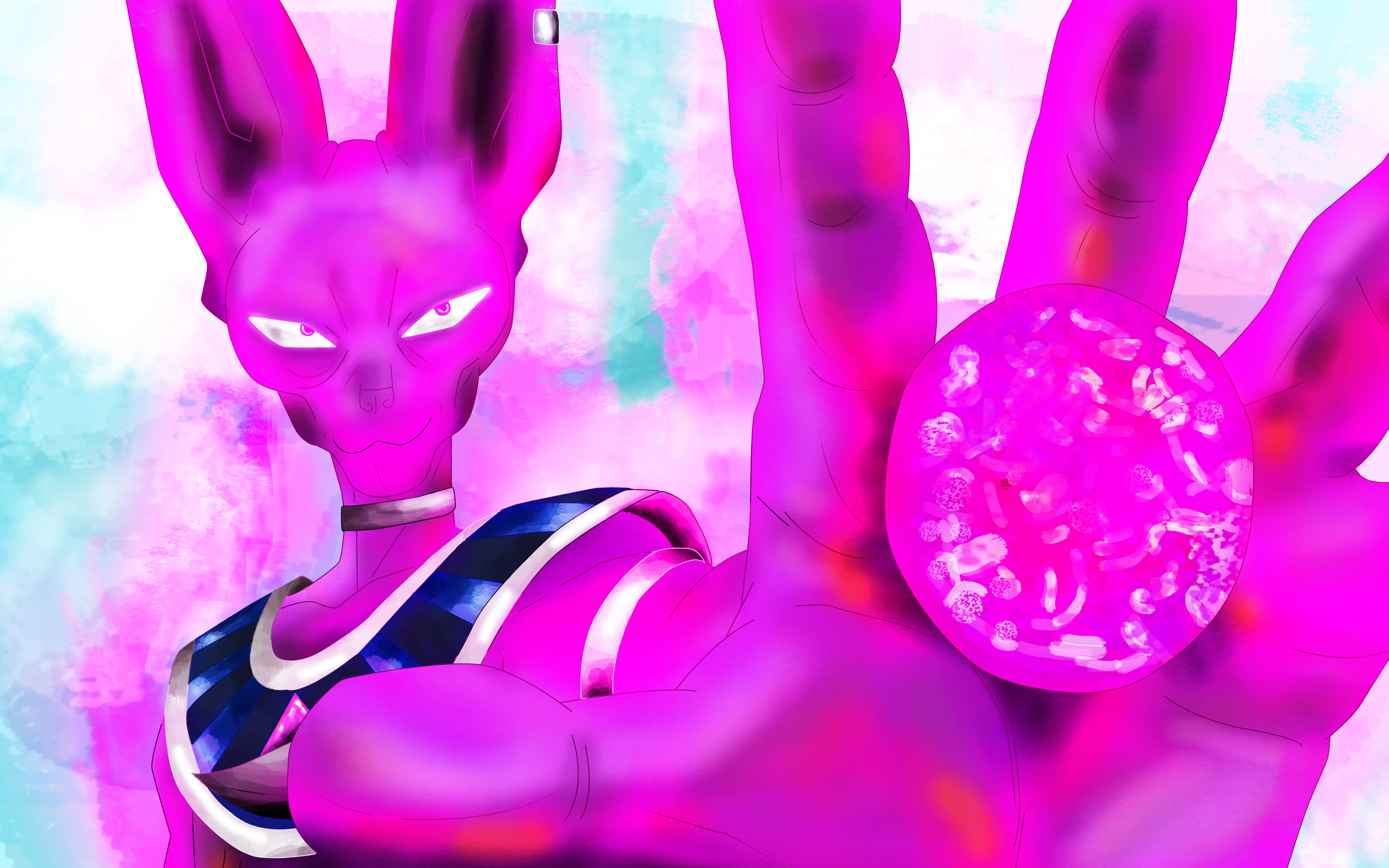 Beerus, glowing pink anime character, rabbit ears, 4K Desktop Wallpaper