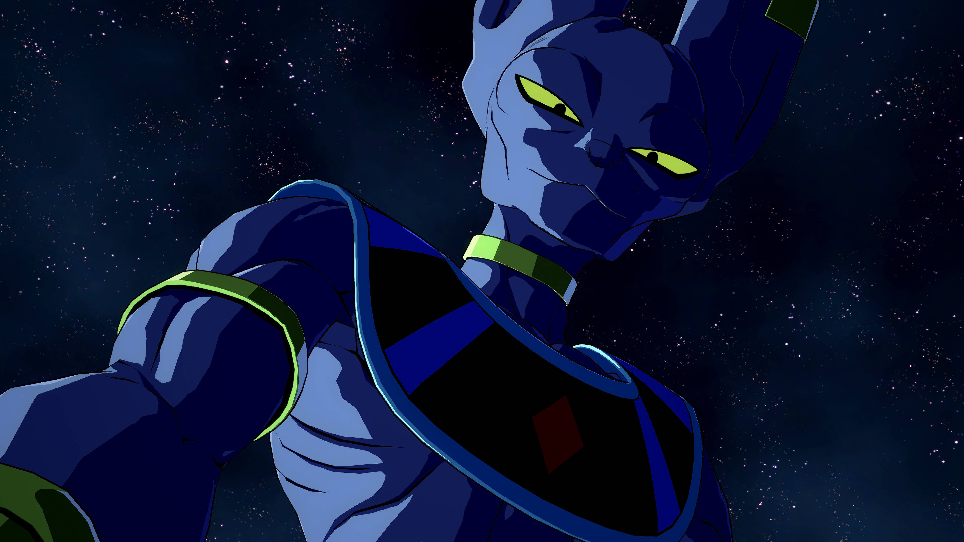 Beerus, blue-skinned, glowing yellow eyes, 4K Desktop Wallpaper