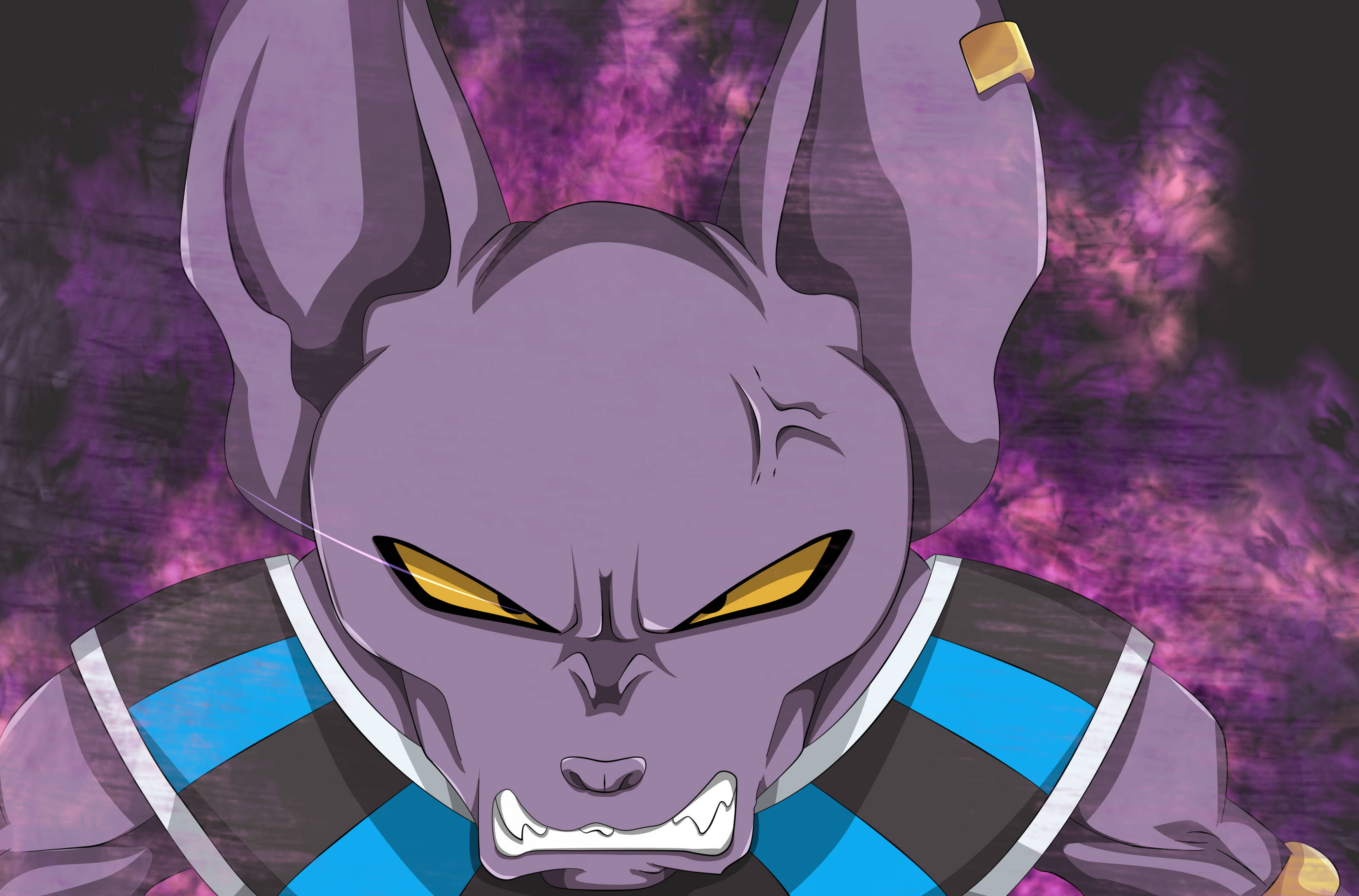 Beerus, purple anime character, sharp yellow eyes, 2K Desktop Wallpaper