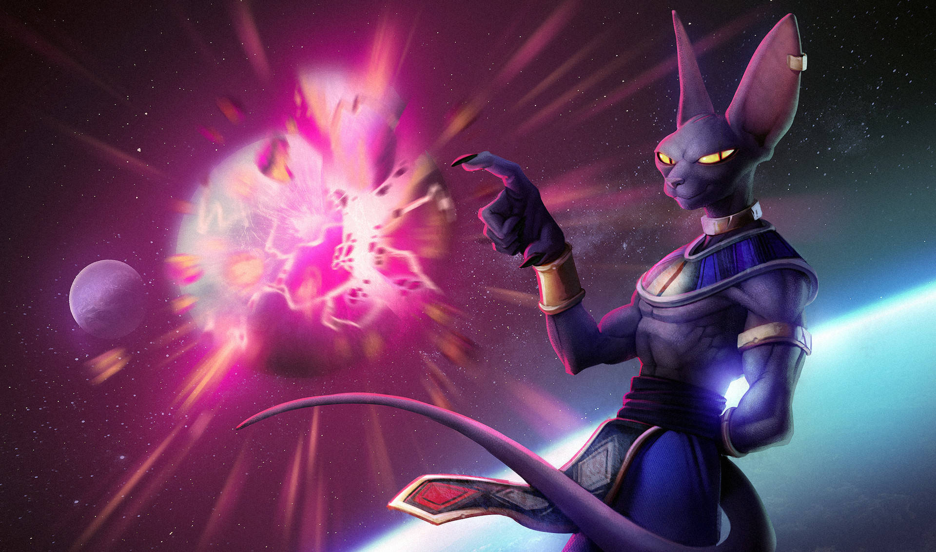 Beerus, purple cat-like warrior, glowing pink energy blast, Full HD Desktop Wallpaper