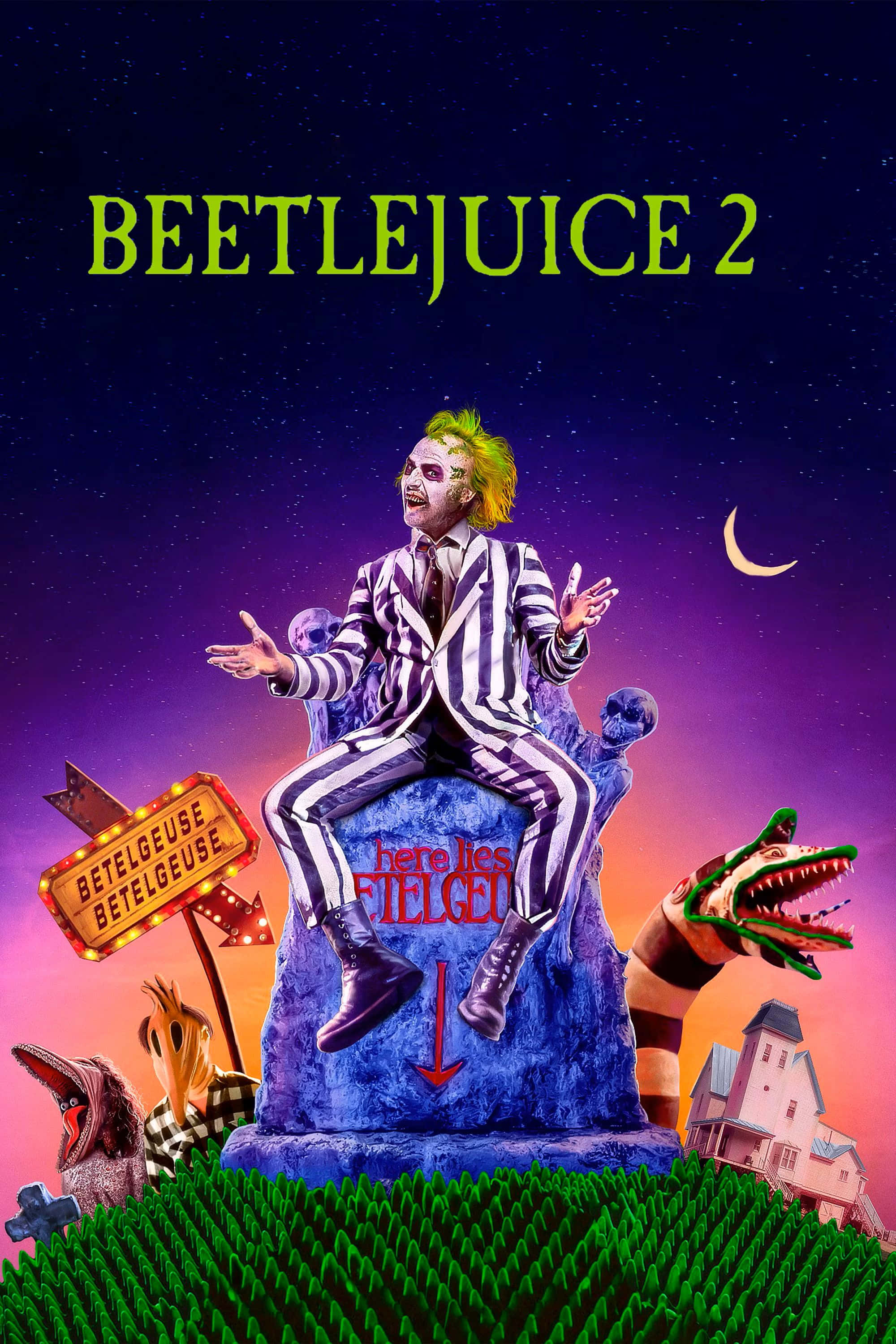 Beetlejuice, tombstone, surreal graveyard, 2K Phone Wallpaper