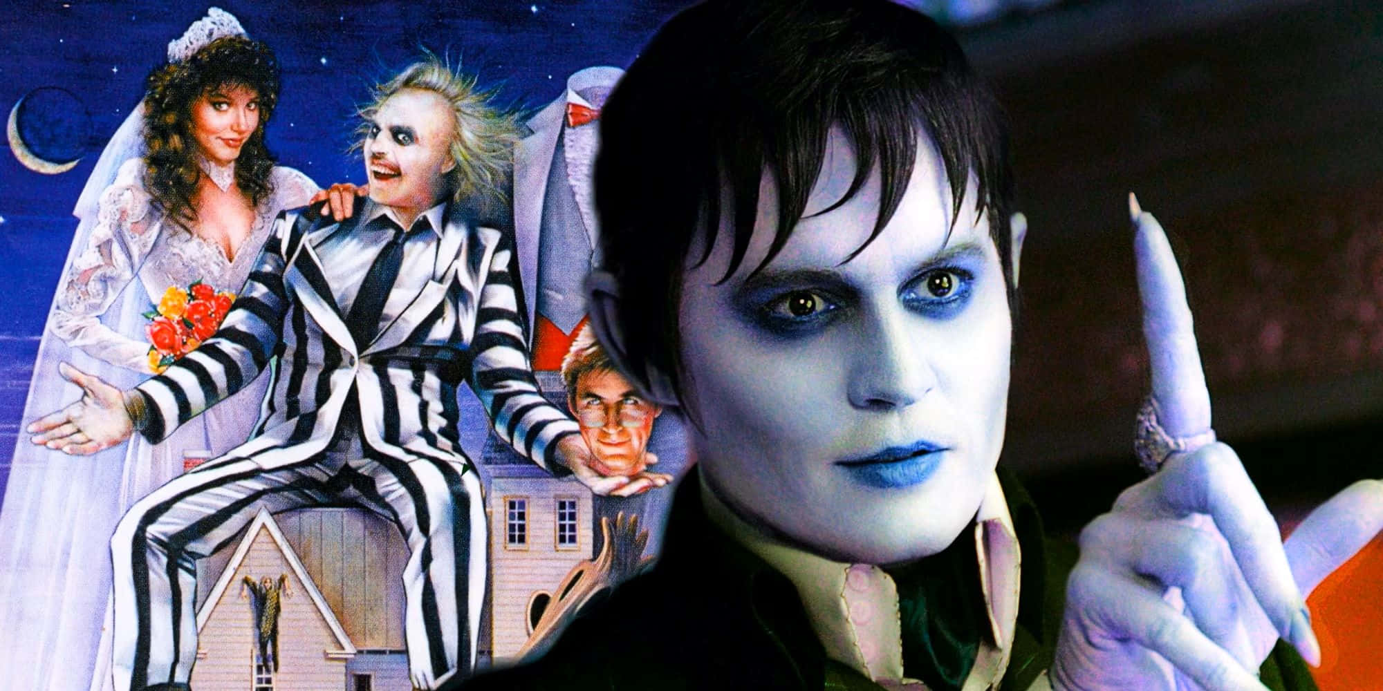 Beetlejuice, striped suit, bride in white gown, Full HD Desktop Wallpaper