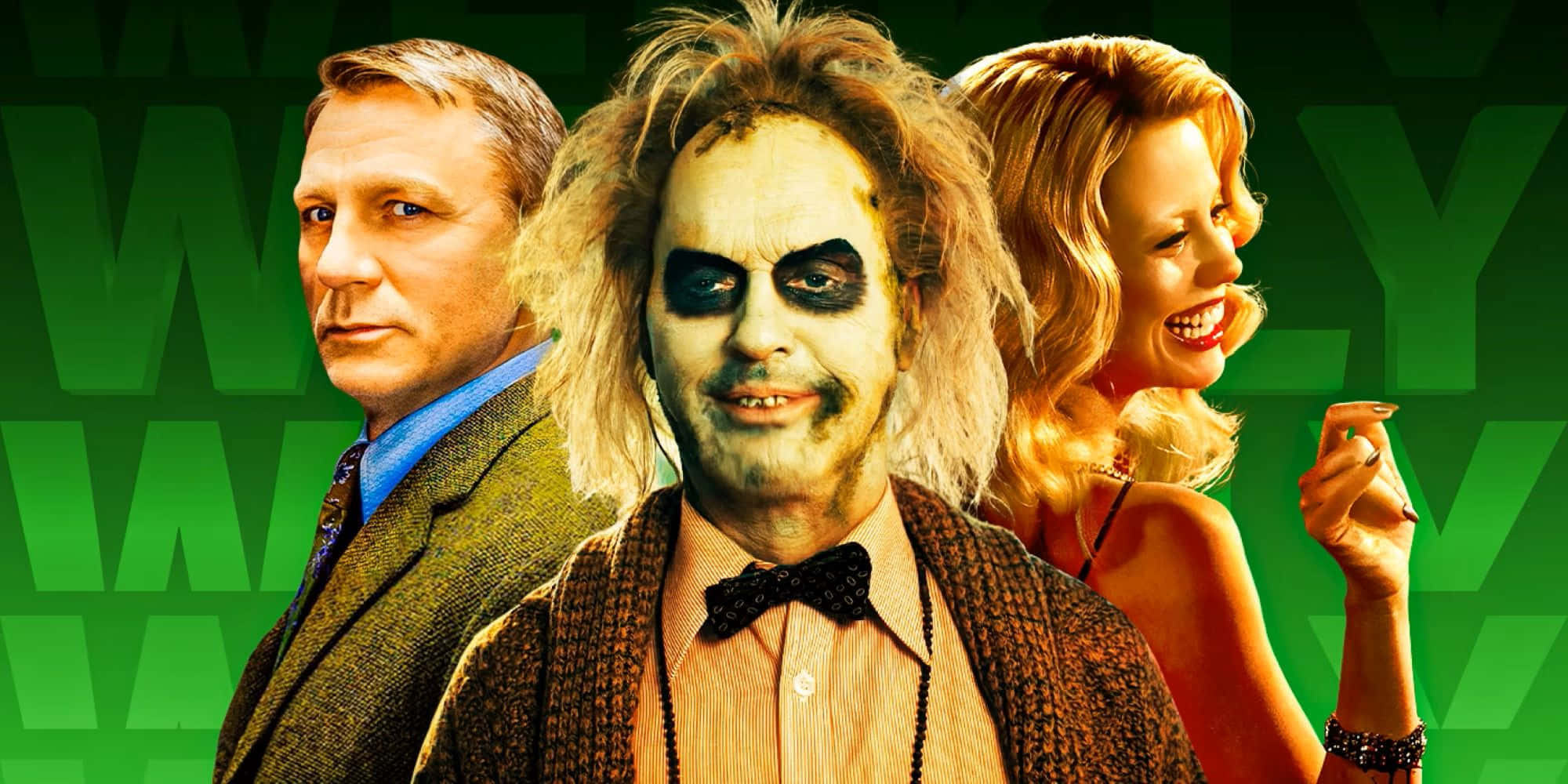 Beetlejuice, movie characters, green patterned background, Full HD Desktop Wallpaper
