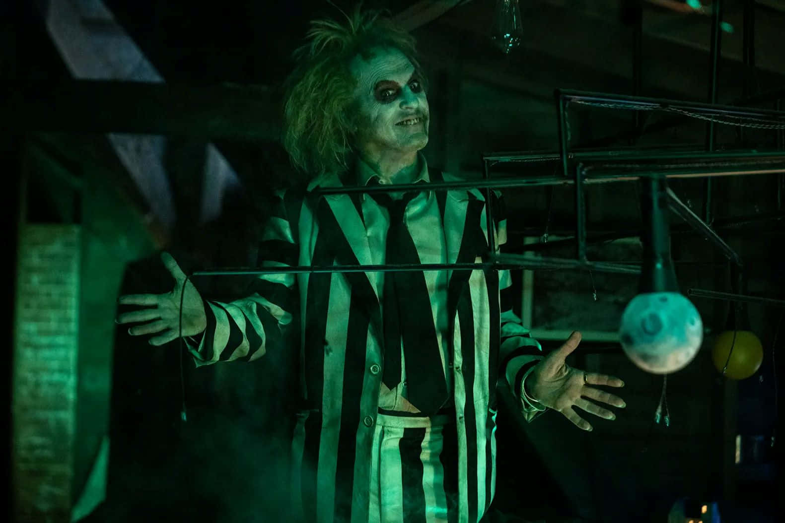 Beetlejuice, black and white striped suit, dim green-lit industrial space, HD Desktop Wallpaper