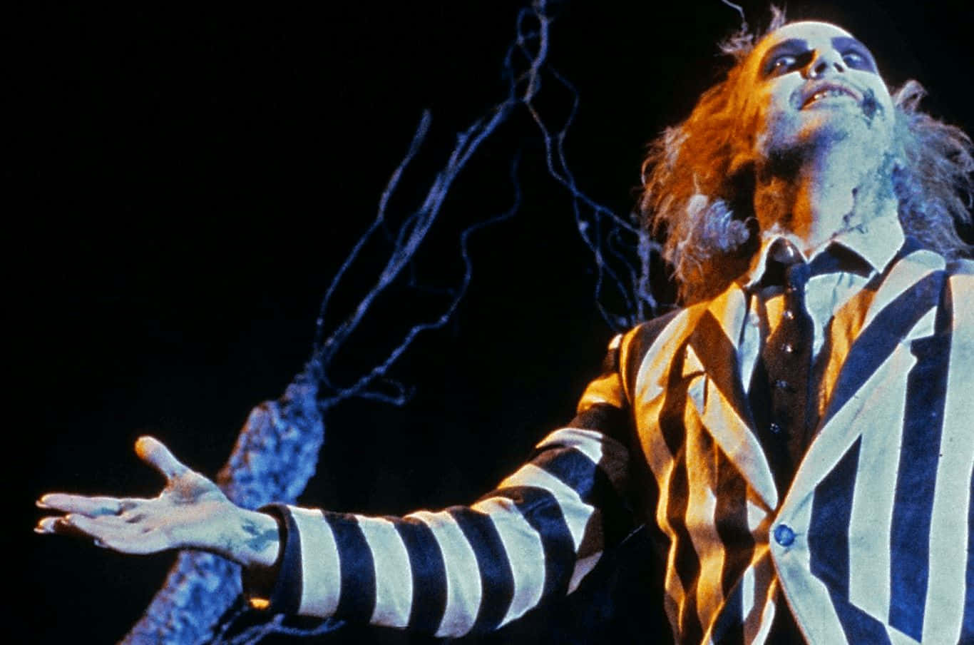 Beetlejuice, striped suit, eerie blue lightning, HD Desktop Wallpaper