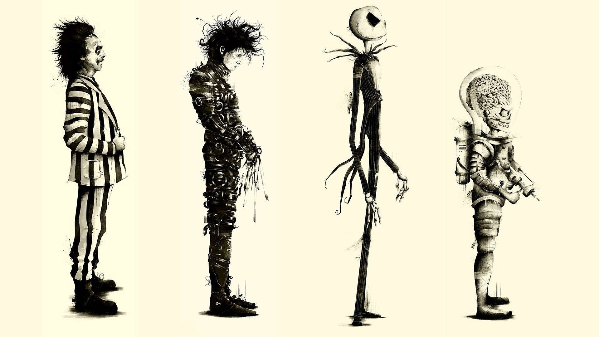 Beetlejuice, stop-motion animated characters, black and white, Full HD Desktop Wallpaper