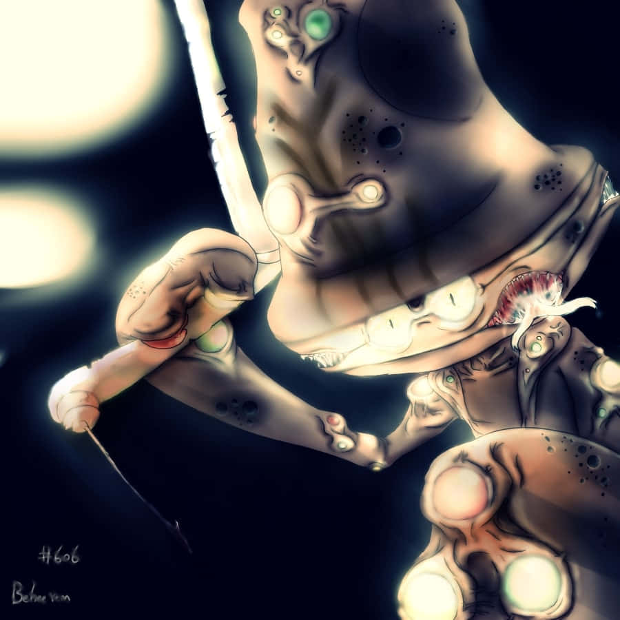 Beheeyem, glowing green eyes, exposed internal organs, SD Desktop Wallpaper
